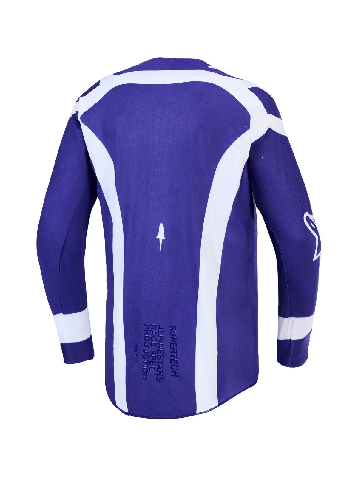 Koszulka Alpinestars Supertech Vesta, męska koszulka motocrossowa, ciemnoniebieska i biała elastyczna siatka, widok z tyłu.