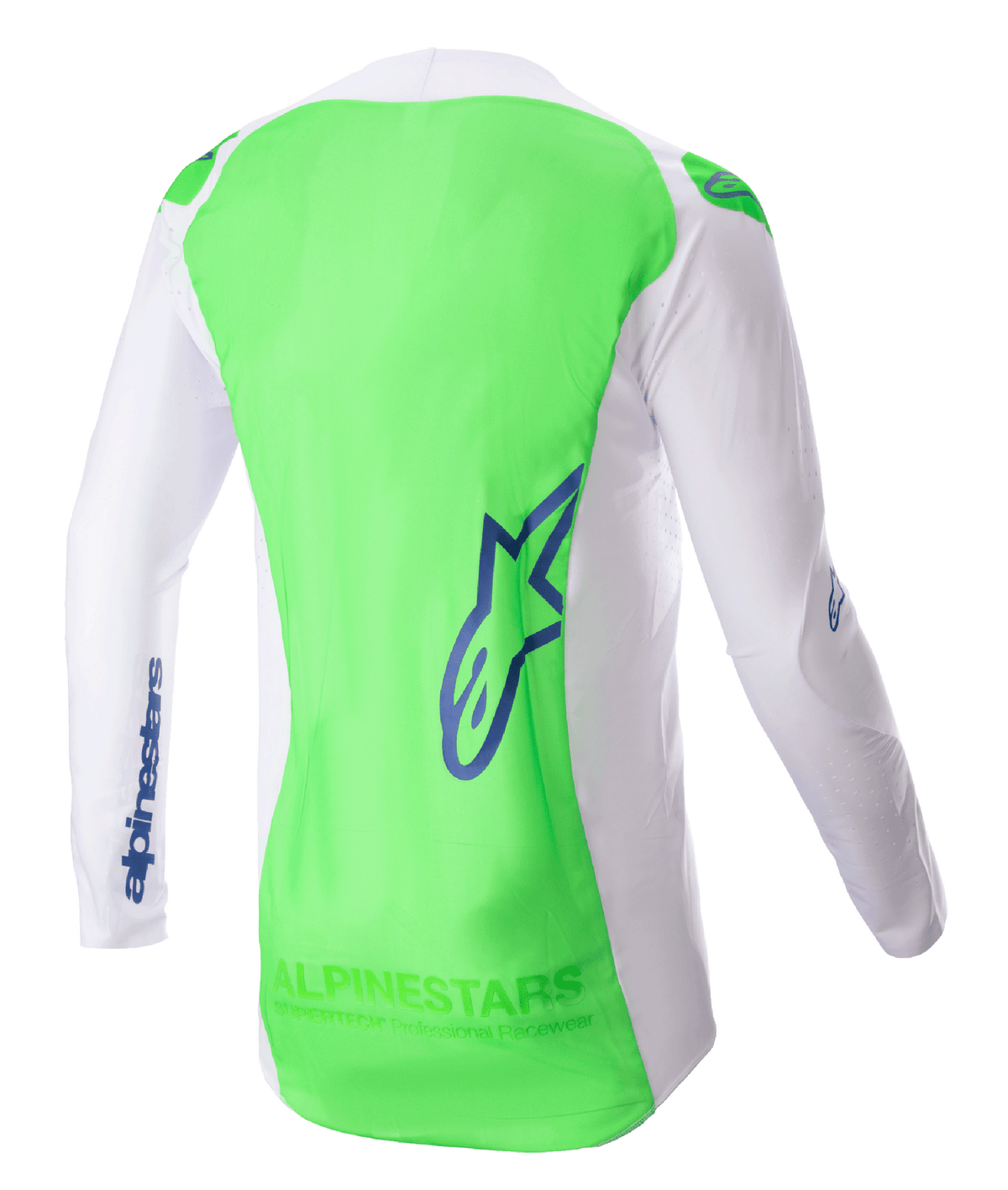Alpinestars 2023 Supertech Risen Jersey, koszulka motocrossowa, biała i neonowa zielona z akcentami Blue Ray, widok z tyłu podkreślający oddychającą elastyczną siatkę i wydłużony panel tylny, lekka odzież wyczynowa do wyścigów terenowych