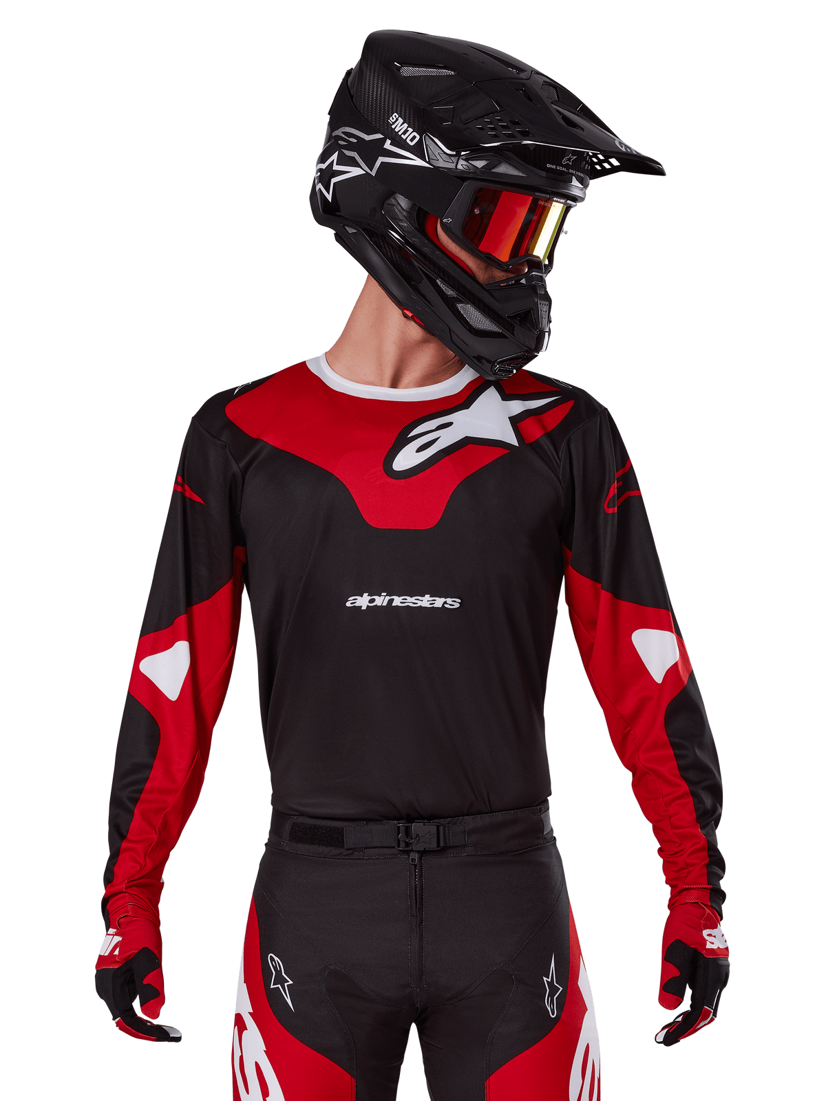Alpinestars 2025 Racer Veil Jersey, Motocross Jersey, Black and Bright Red, worn with matching pants, black helmet, and red goggles, featuring bold white logos and a sleek racing design, performance gear for off-road motocross