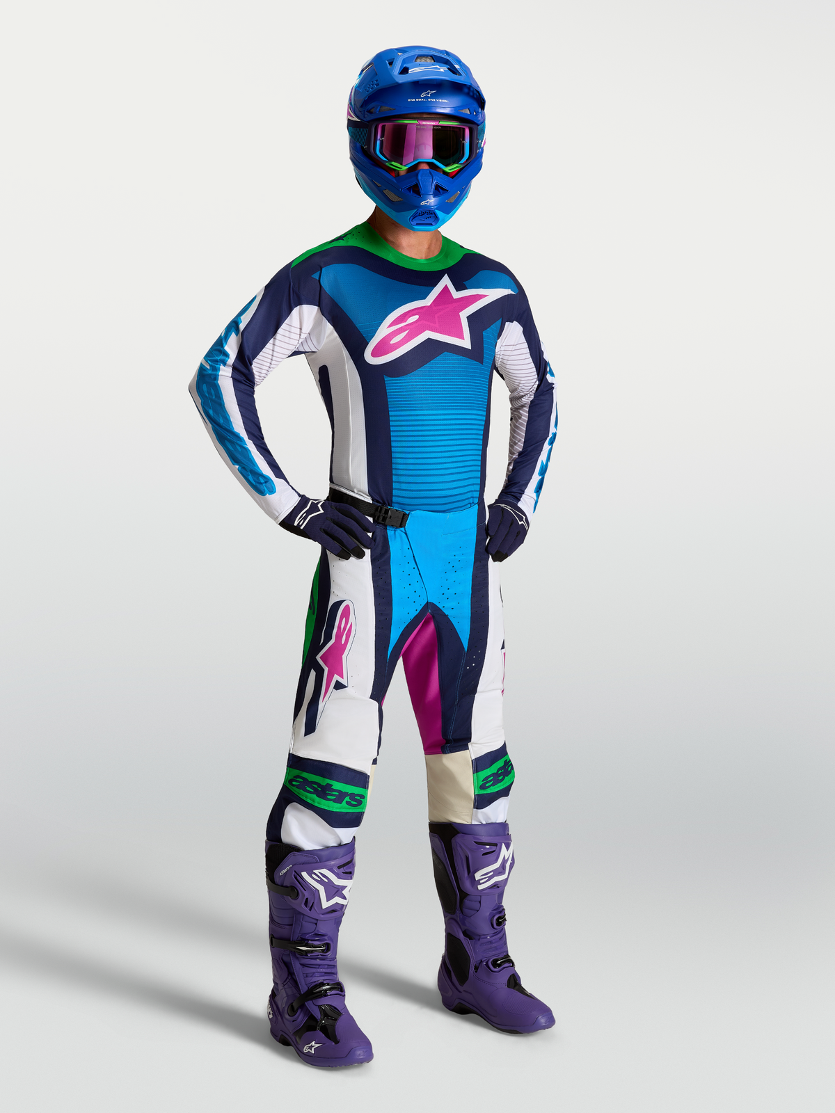 Koszulka Alpinestars Techstar Maven, męska koszulka motocrossowa, niebieska i biała, sportowy krój, materiał odprowadzający wilgoć, różowe logo.