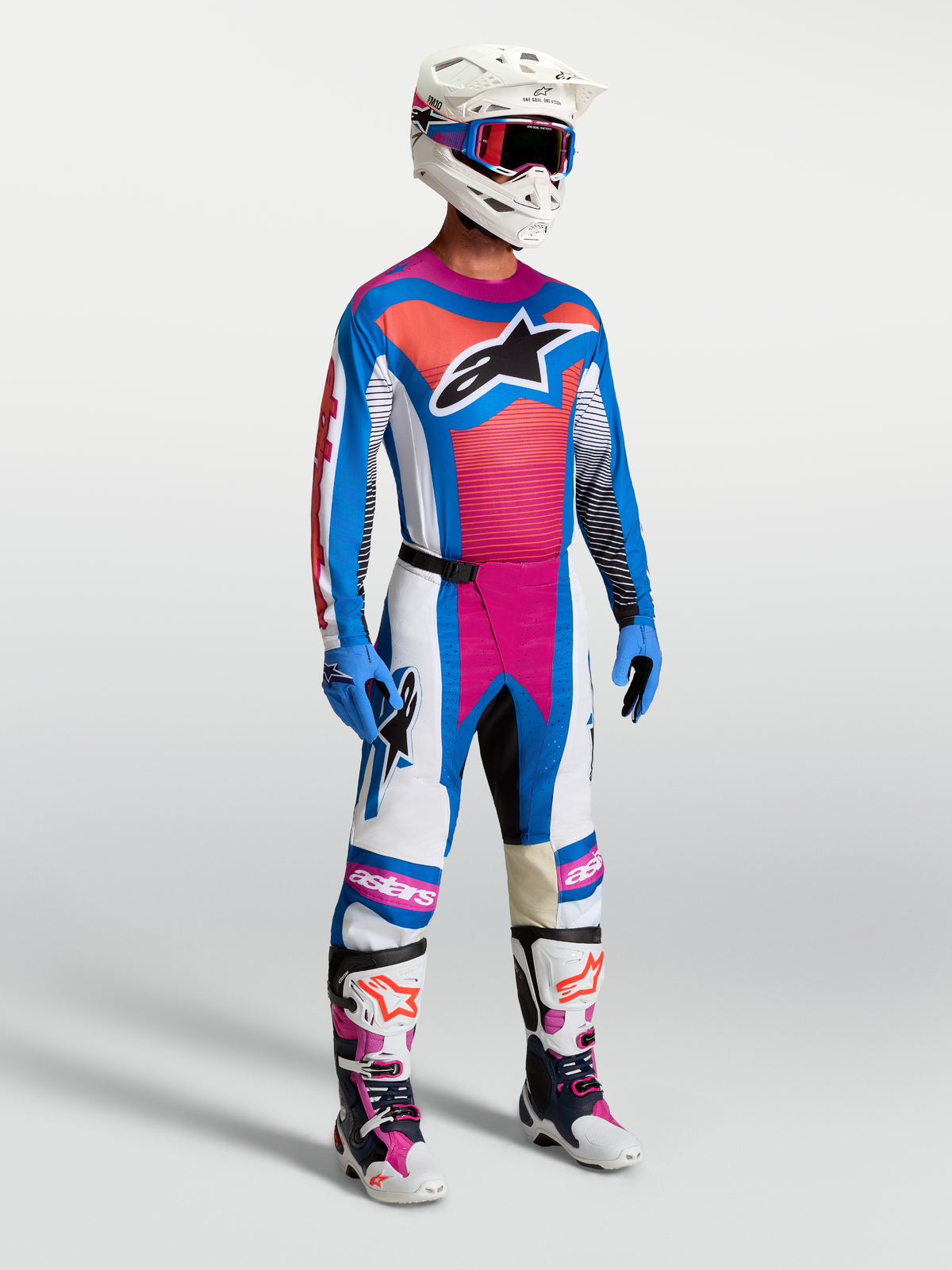 Alpinestars koszulka Techstar Maven i Techstar Maven Gear Set, męski strój motocrossowy, niebieski i koralowy, sportowy krój wyścigowy.