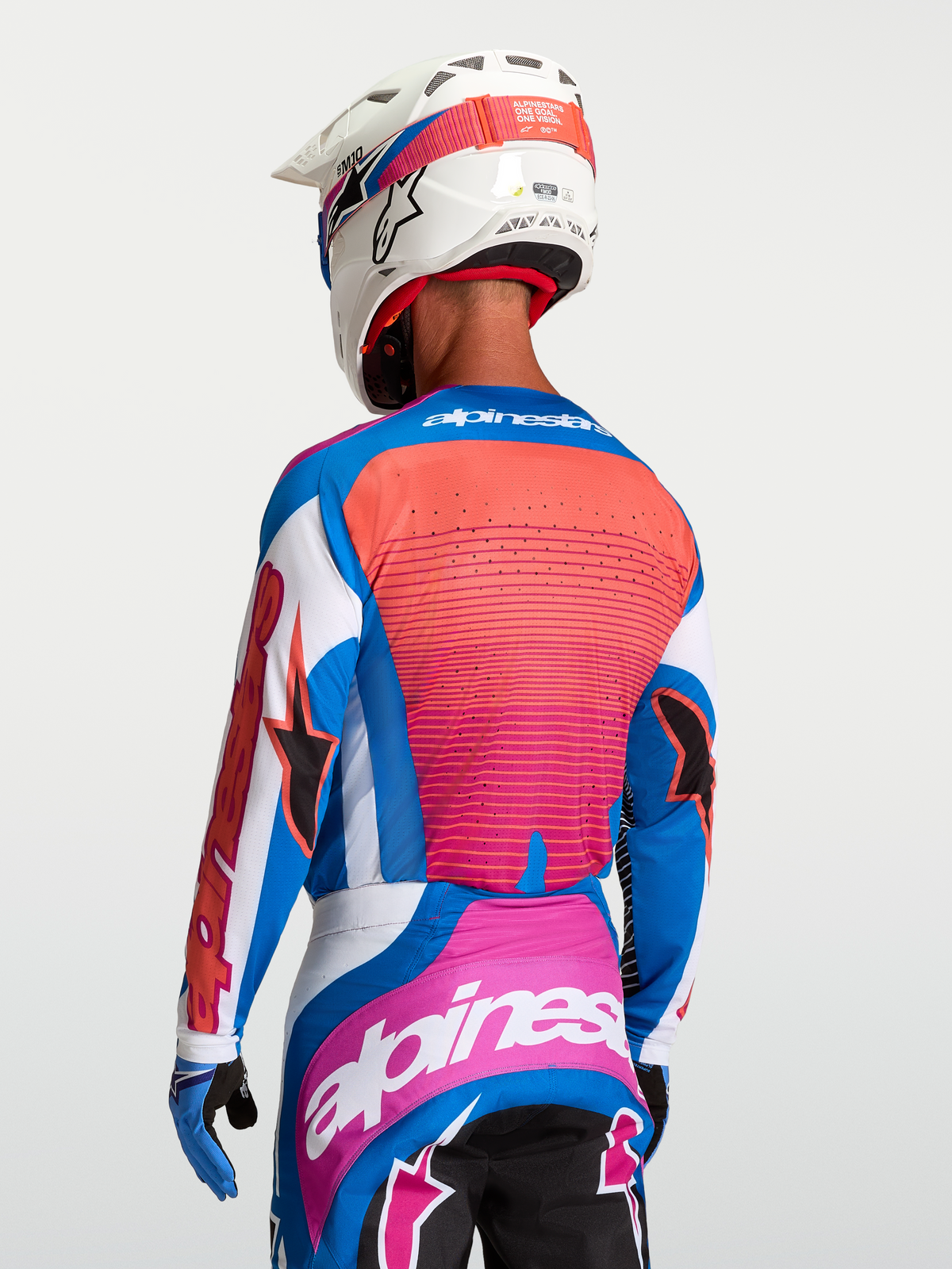 Alpinestars Koszulka Techstar Maven, męska koszulka motocrossowa, biało-niebieska z koralowymi wstawkami, laserowa wentylacja na plecach