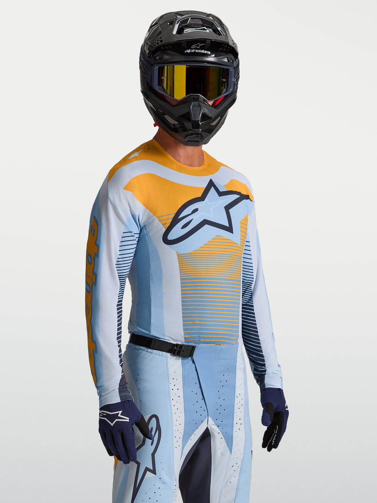 Alpinestars Techstar Maven, koszulka motocrossowa, męska, niebieska i pomarańczowa, sportowy krój wyścigowy, lekki materiał