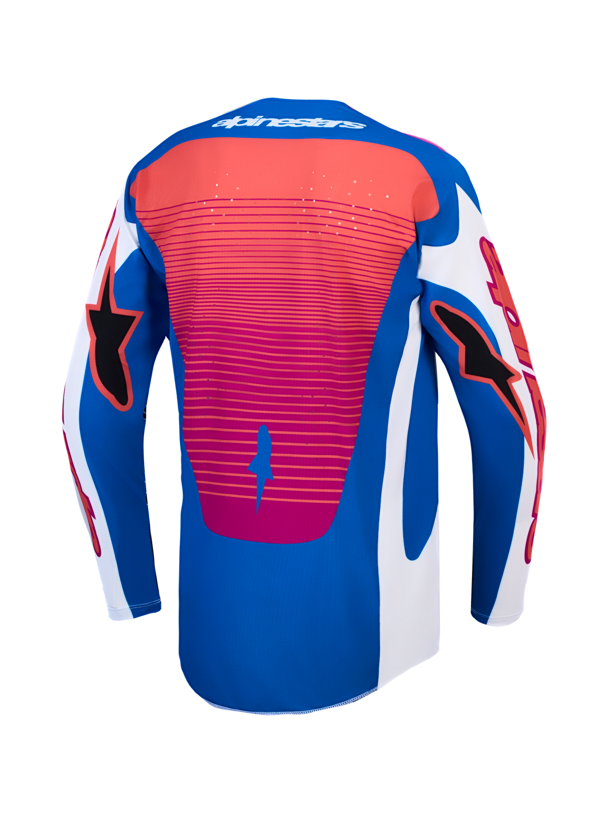 Alpinestars Techstar Maven, koszulka motocrossowa, niebiesko-biała z koralowymi akcentami i przedłużonym tyłem.