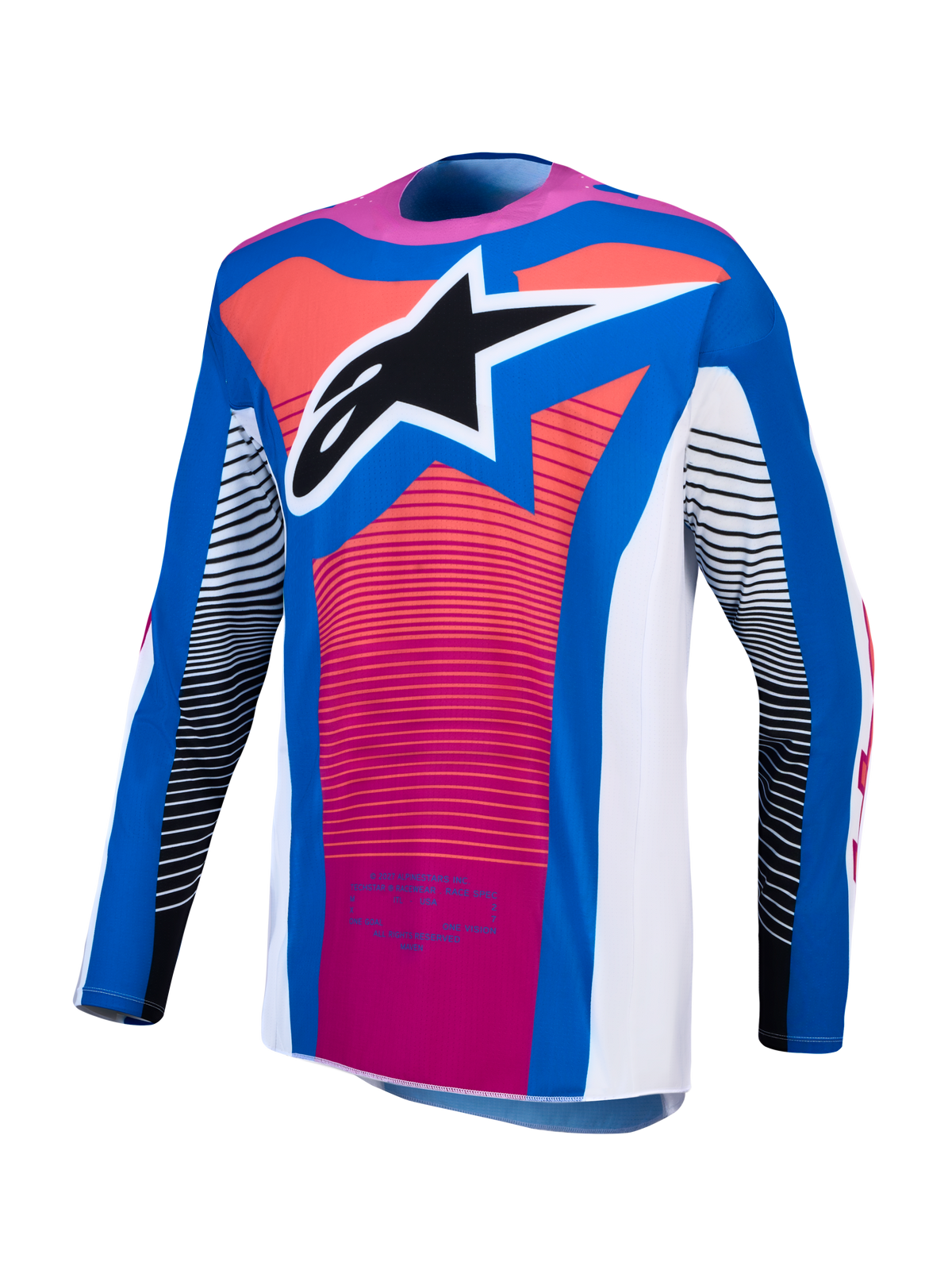 Alpinestars Techstar Maven, męska koszulka motocrossowa, niebieska i koralowa, sportowy krój wyścigowy, logo, odzież MX.
