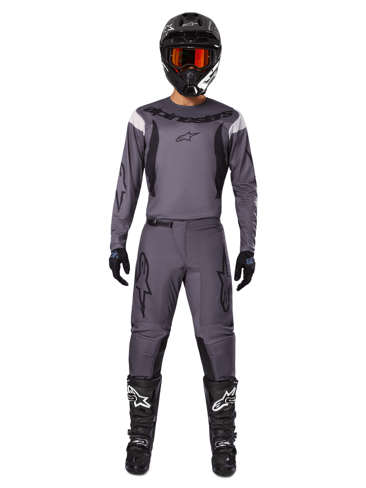 Alpinestars 2025 Fluid Haul Gear Set, Motocross gear, Gray, gray jersey and pants with black accents, black helmet with orange goggles, black boots with white logos, coordinated racing outfit for off-road performance