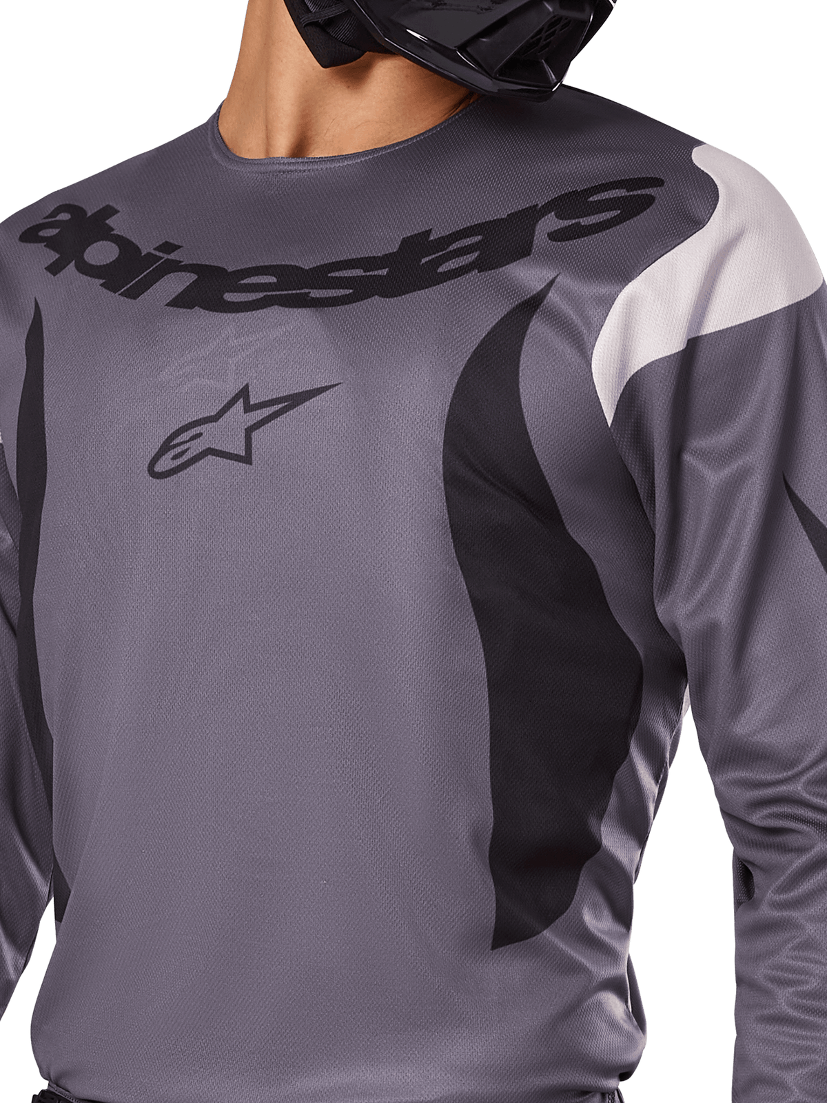 Alpinestars 2025 Fluid Haul Jersey, Motocross Jersey, Gray with black and white accents, featuring the Alpinestars logo and wordmark on the chest, sport fit for off-road racing.