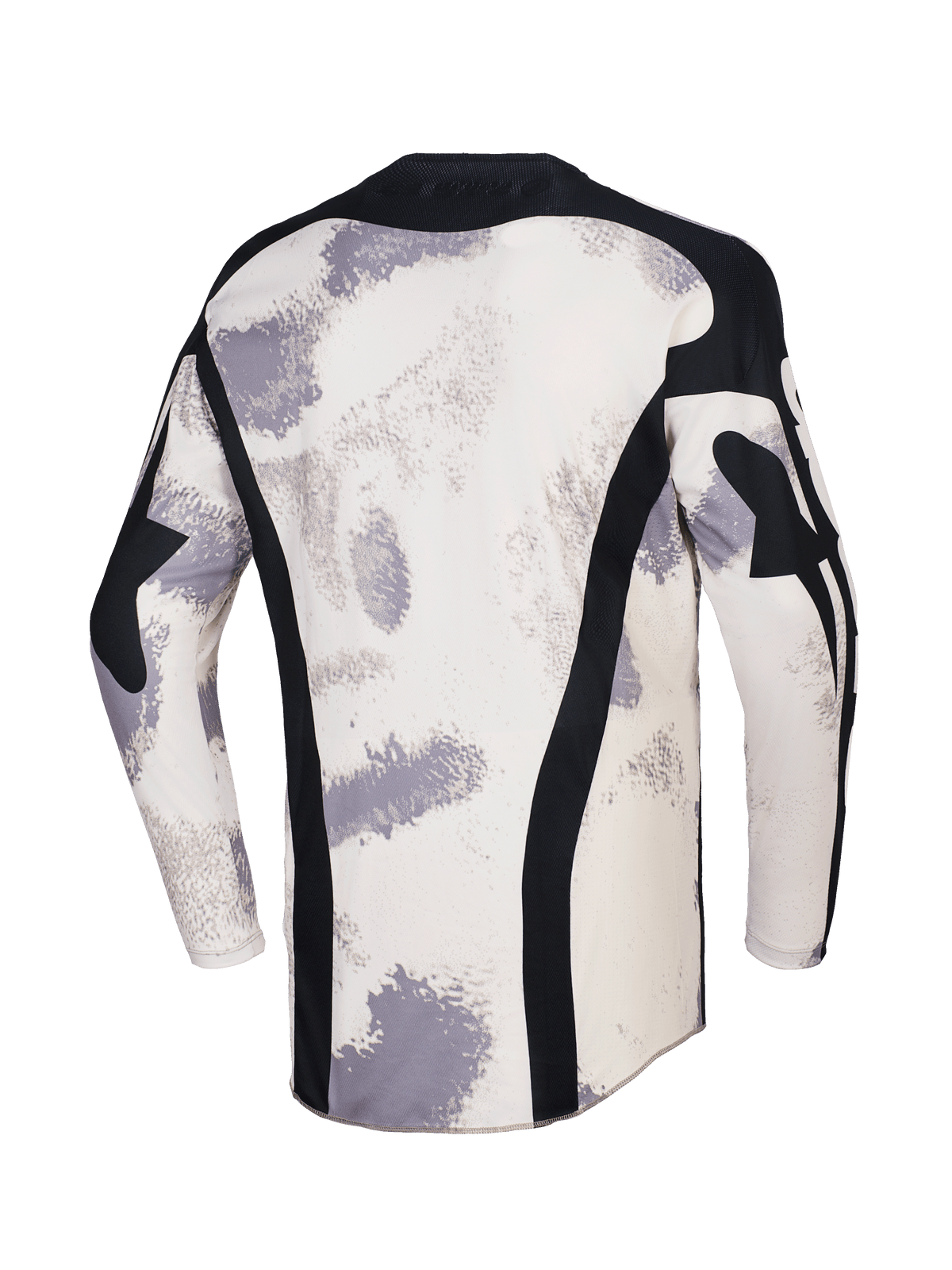 Alpinestars 2026 Racer Lahnd Jersey, koszulka motocrossowa, kolor Sand Camo z białawymi i szarymi wzorami pociągnięć pędzla, widok z tyłu z pionowymi czarnymi panelami z siatki, czarny kołnierzyk i przedłużony tył dla lepszej osłony.
