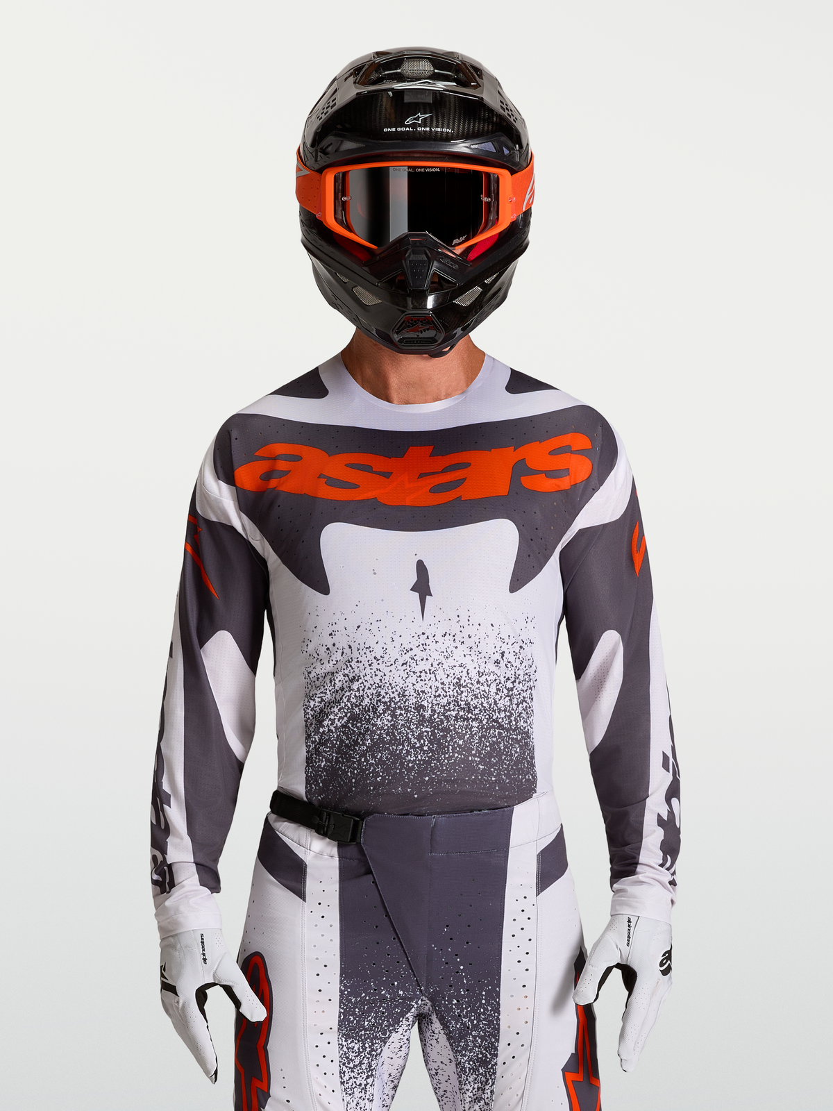 Alpinestars Koszulka Techstar Swan, męska koszulka motocrossowa, biała i szara z neonowymi czerwonymi akcentami, sportowy krój wyścigowy.