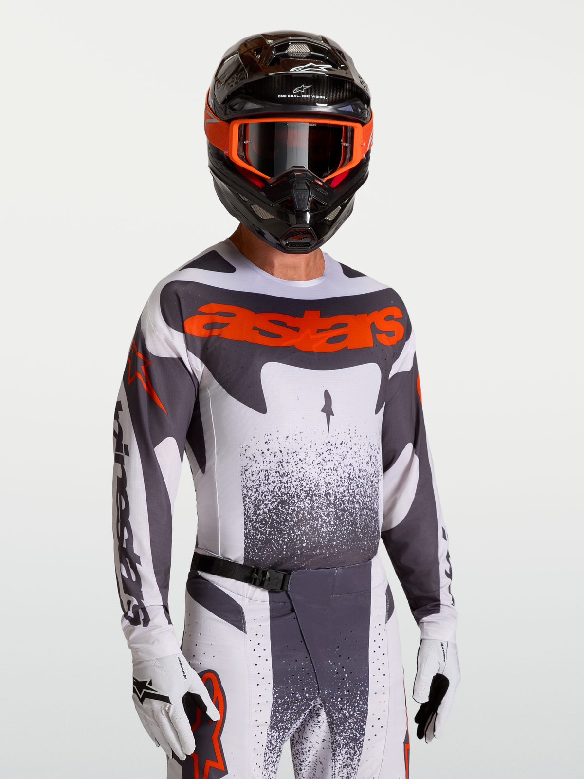 Koszulka Alpinestars Techstar Swan, męska koszulka motocrossowa, szara i czerwona fluo, sportowy krój wyścigowy z laserową wentylacją i grafiką astars.