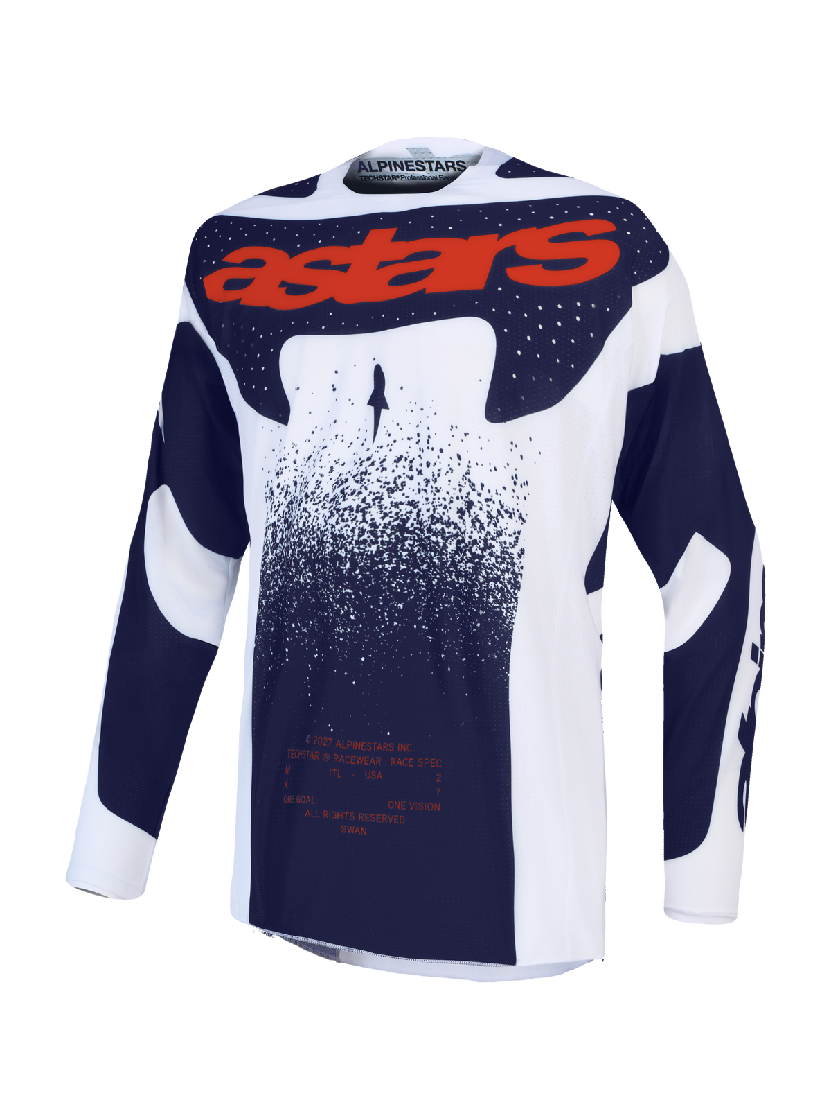Koszulka Alpinestars Techstar Swan, męska koszulka motocrossowa, jasnoliliowa i ciemnoszara z czerwonym napisem astars, sportowy krój wyścigowy, lekki materiał do jazdy off-road.
