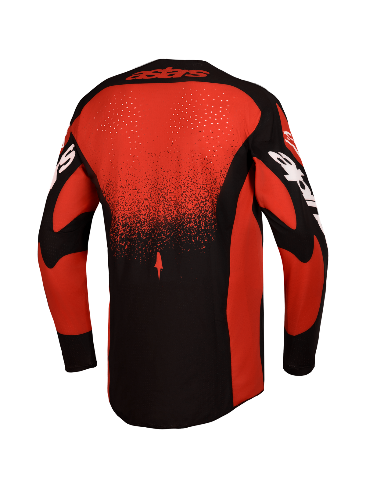Alpinestars Techstar Swan, koszulka i zestaw, męska koszulka motocrossowa, czerwona i czarna, widok z tyłu, laserowa wentylacja.