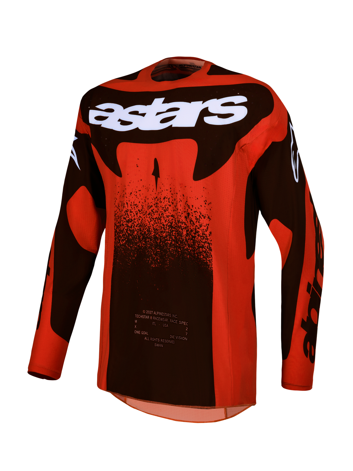 Alpinestars Techstar Swan, męska koszulka motocrossowa, czerwona i czarna, lekka elastyczna tkanina, biały napis astars.