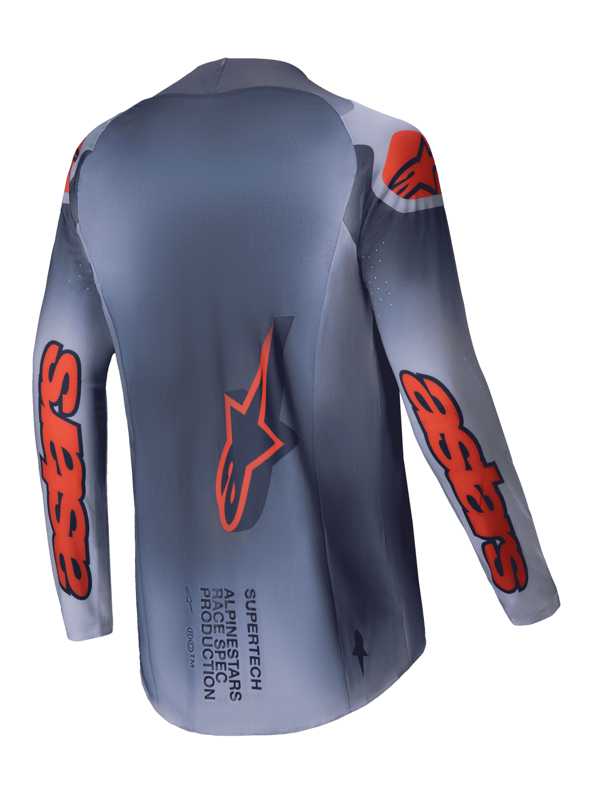 Alpinestars Supertech Lipan Jersey, męska koszulka motocrossowa wyścigowa, szara i pomarańczowa fluo, widok z tyłu przedstawiający przedłużony tył oraz detale z logo