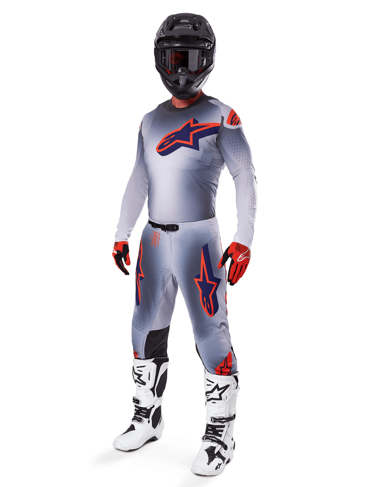 Alpinestars 2025 Supertech Lipan Gear Set, Motocross Racing Gear, Gray with Orange Fluo and Navy Blue star graphics, worn with a black helmet, red and black gloves, and white and black boots, complete professional off-road outfit with ventilated design