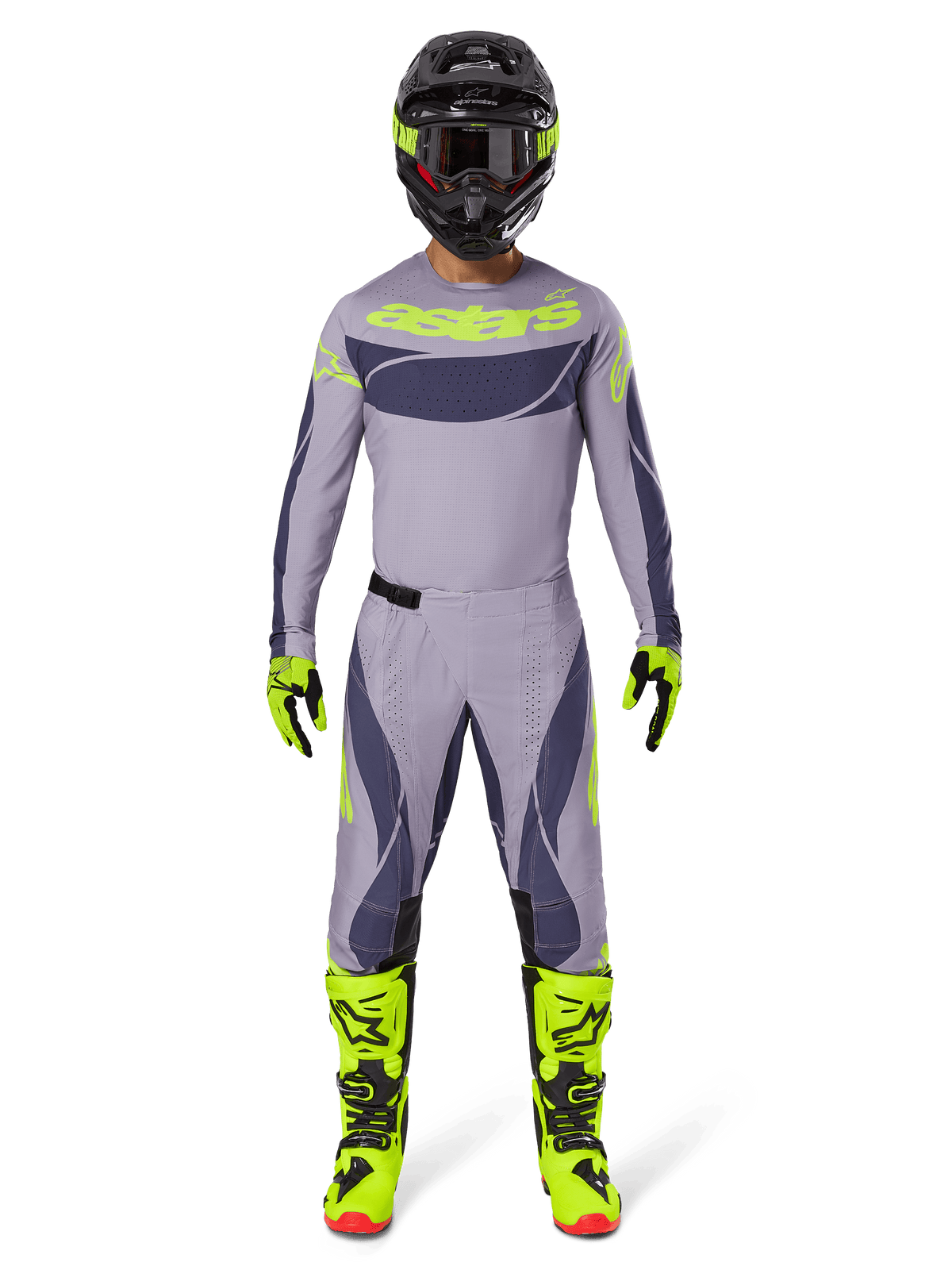 Motocross rider wearing full racing gear, 2025 Techstar Dreem Jersey in Gray and Dark Gray with neon yellow branding, matching gray and dark gray pants, neon yellow and black boots, black helmet with neon accents, coordinated outfit for professional motocross
