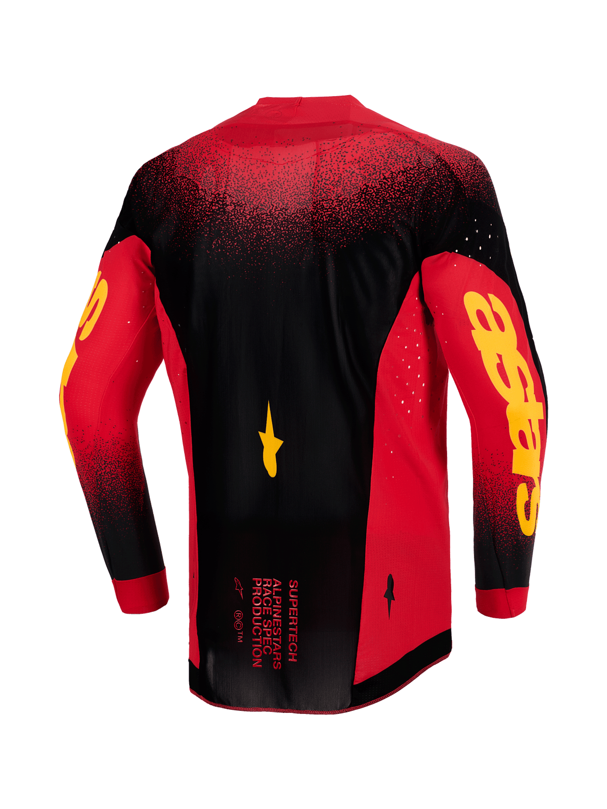 Alpinestars 2026 Supertech Scenz Jersey, widok z tyłu, czerwona, czarna i żółta, profesjonalna koszulka motocrossowa z lekkiej elastycznej siateczki, laserowo wycinana wentylacja, wyraziste żółte logo Astars na rękawach, przedłużony tył dla lepszej wydajności wyścigowej