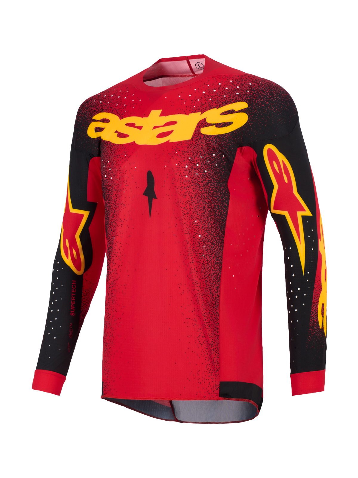 Alpinestars 2026 Supertech Scenz Jersey, koszulka motocrossowa, czerwona, czarna i żółta, z żółtym brandingiem „astars” na klatce piersiowej, czarnymi rękawami z akcentami logo i białym nakrapianym wzorem na ramionach i górnej części korpusu