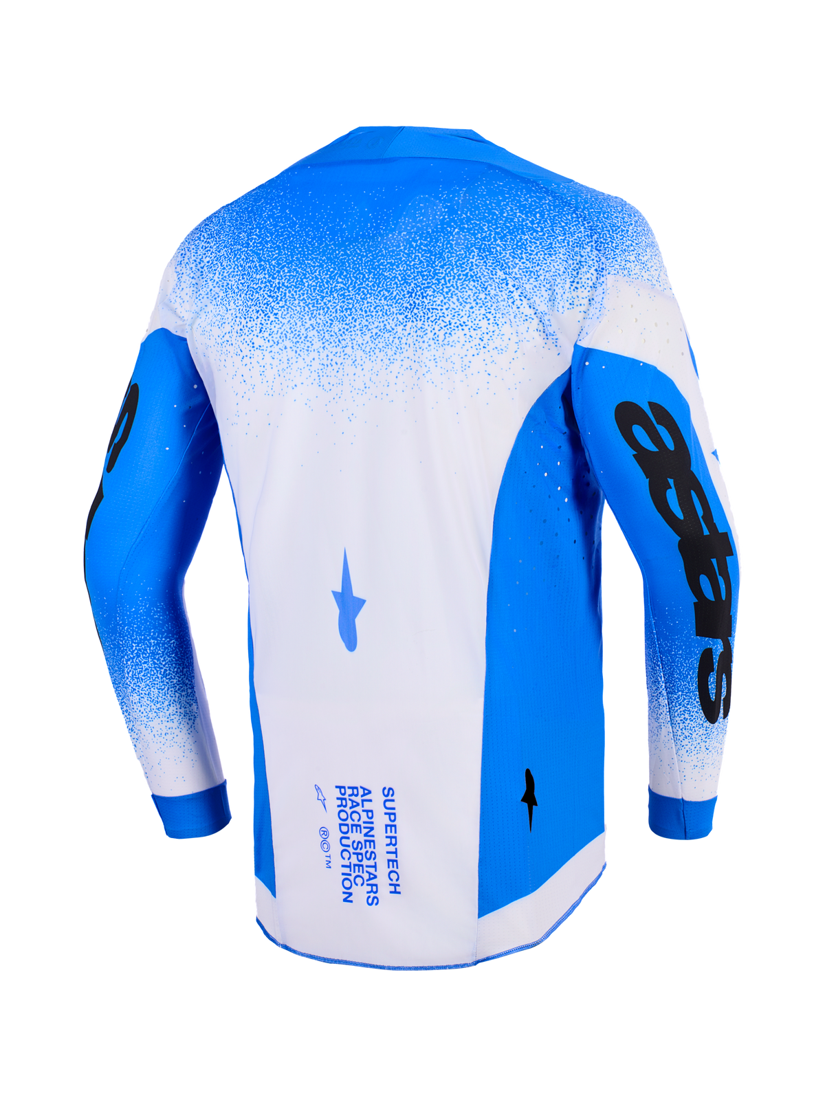 Alpinestars 2026 Supertech Scenz Jersey, widok z tyłu, niebiesko-biała (Ucla Blue White), profesjonalna koszulka motocrossowa z siatkową konstrukcją i laserowymi perforacjami, czarne grafiki na rękawach i techniczny branding na plecach.