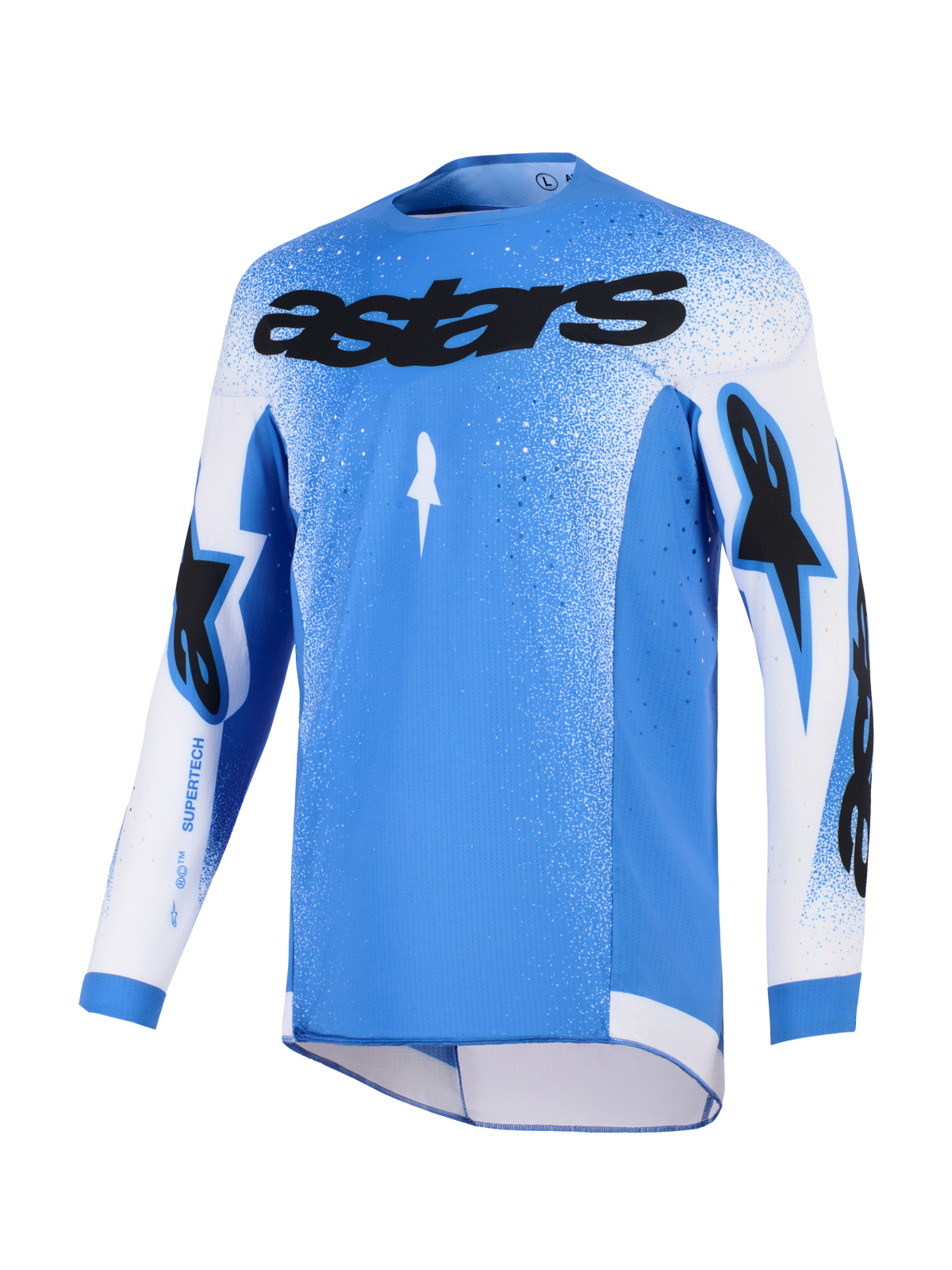 Alpinestars Supertech Scenz Jersey 2026, koszulka motocrossowa, niebiesko-biała, z czarnym logo astars na piersi, gradientowy nakrapiany wzór na ramionach i rękawach, lekka elastyczna siateczka, sportowy krój wyczynowy