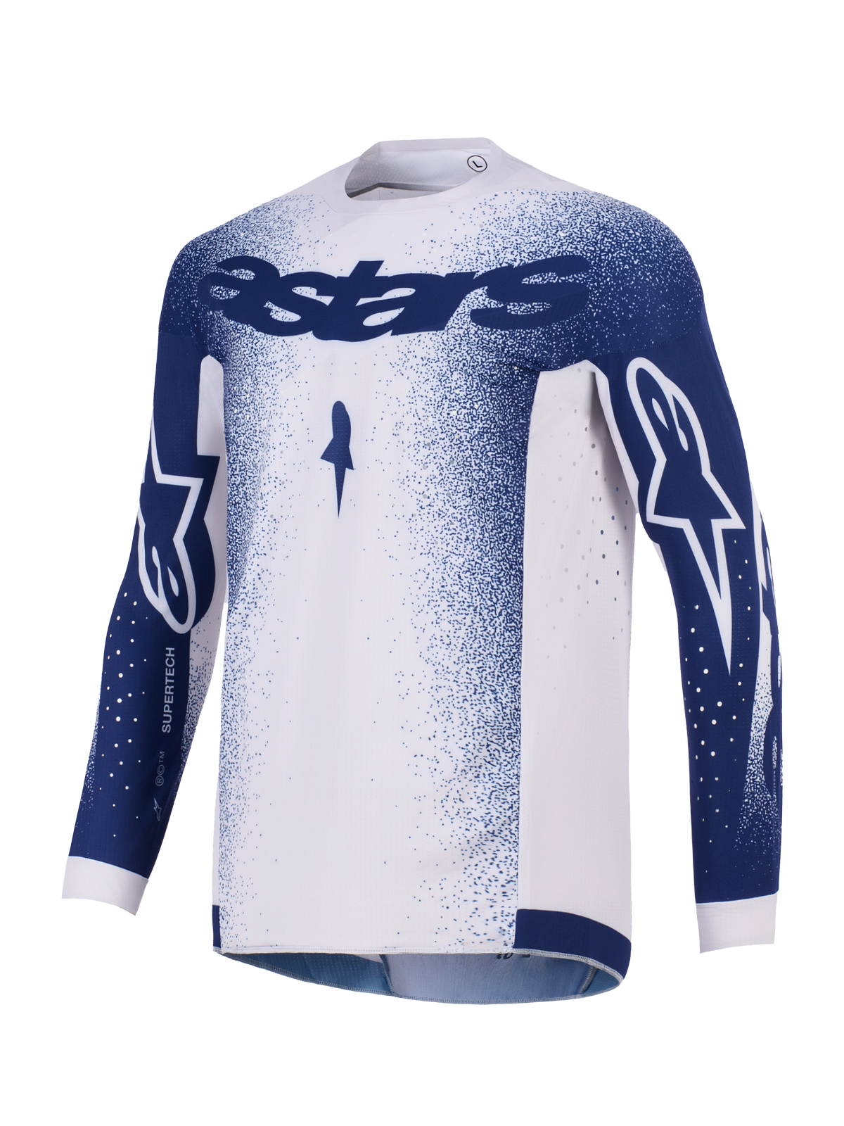 Alpinestars Supertech Scenz Jersey 2026, koszulka motocrossowa, jasnoszara i ciemnoniebieska, z ciemnoniebieskim brandingiem Astars na klatce piersiowej i rękawach, gradientowy nakrapiany wzór, laserowo wycinane perforacje wentylacyjne, profesjonalna odzież wyścigowa off-road