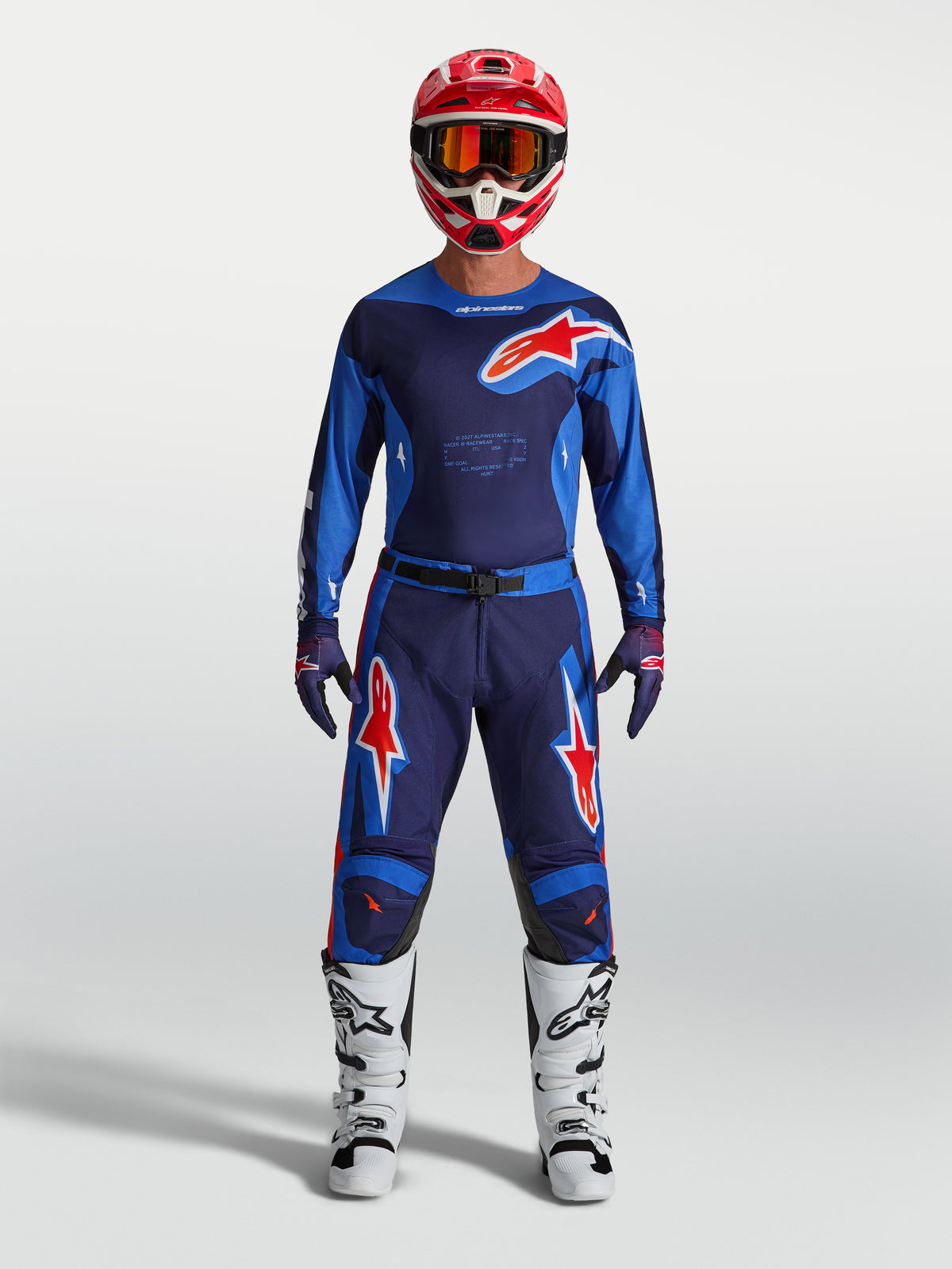 Alpinestars Koszulka i zestaw odzieży MX Racer Hunt 2027, męski strój motocrossowy, niebieski i czerwony, odzież tekstylna.