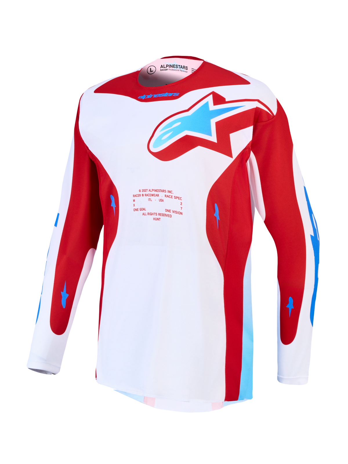 Alpinestars Koszulka Racer Hunt, męska koszulka motocrossowa, biała i czerwona z niebieskimi akcentami, lekki polifabryk odprowadzający wilgoć, panele z siatki, odzież off-road