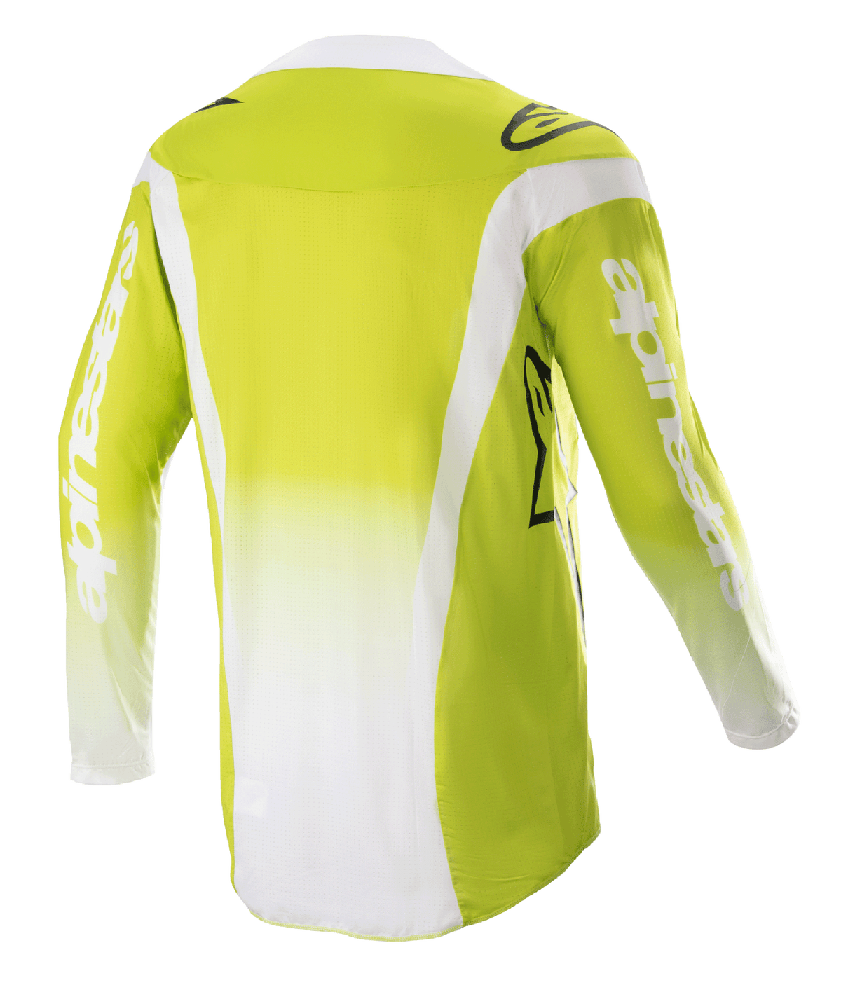 Alpinestars Techstar Push Jersey 2023, widok z tyłu, żółty fluo i biały, koszulka motocrossowa z długim rękawem, białe panele boczne i logo na rękawach, techniczna odzież off-road
