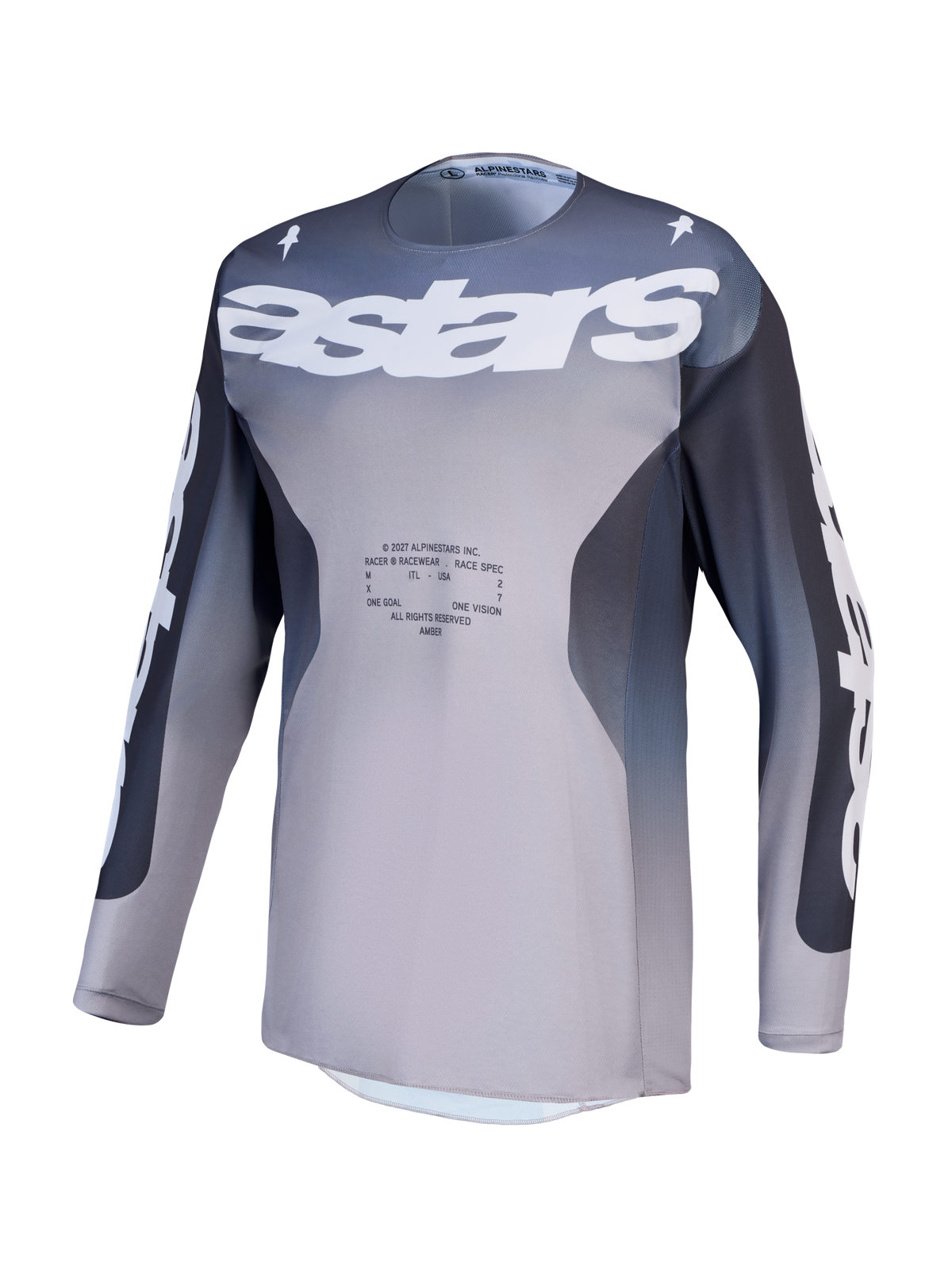 Alpinestars Racer Amber, męska koszulka motocrossowa, szara i jasnoliliowa, oddychająca tkanina techniczna off-road.