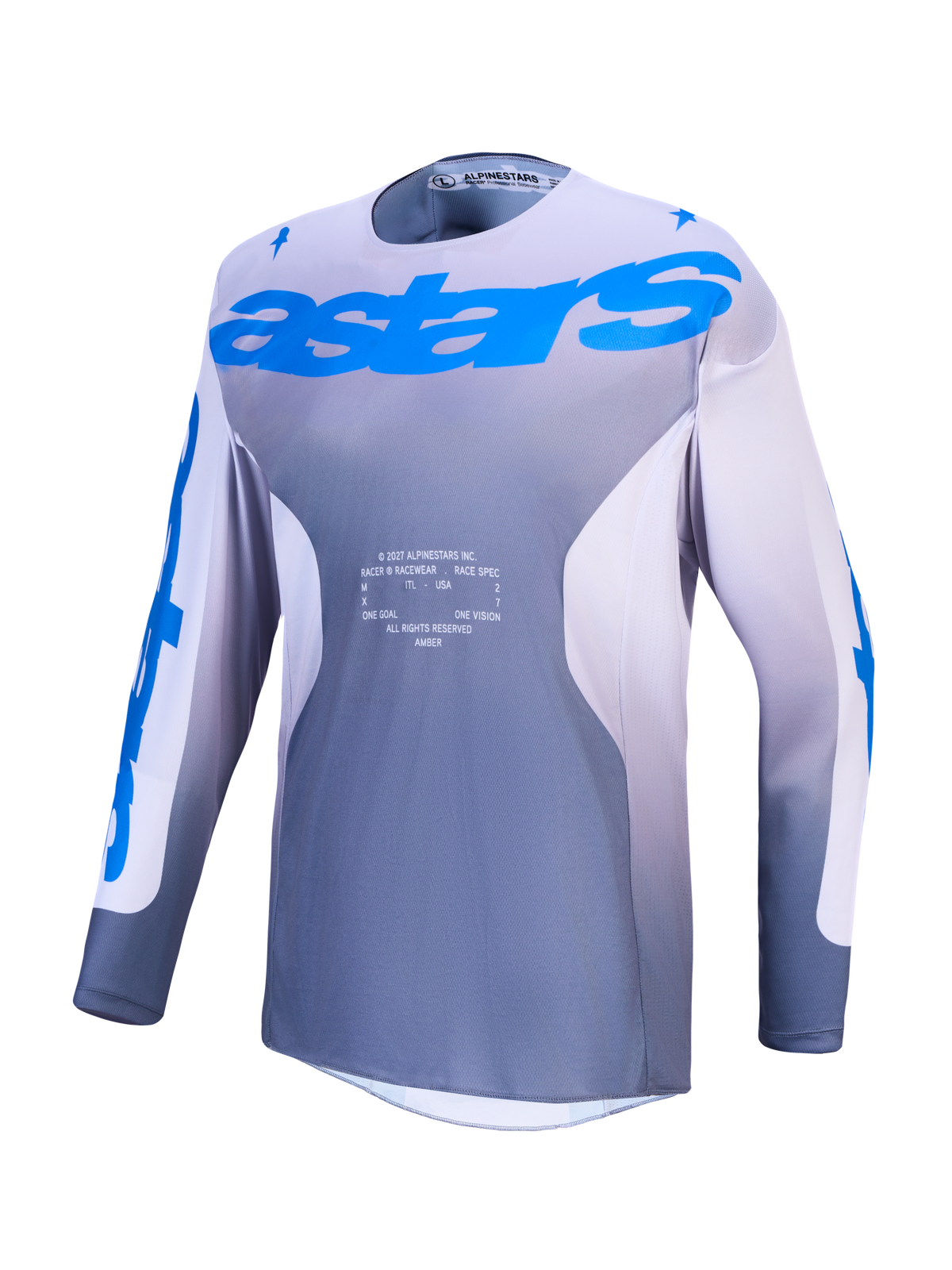 Alpinestars Koszulka Racer Amber, męska koszulka motocrossowa, szara i niebieska, lekki i wentylowany poliester.