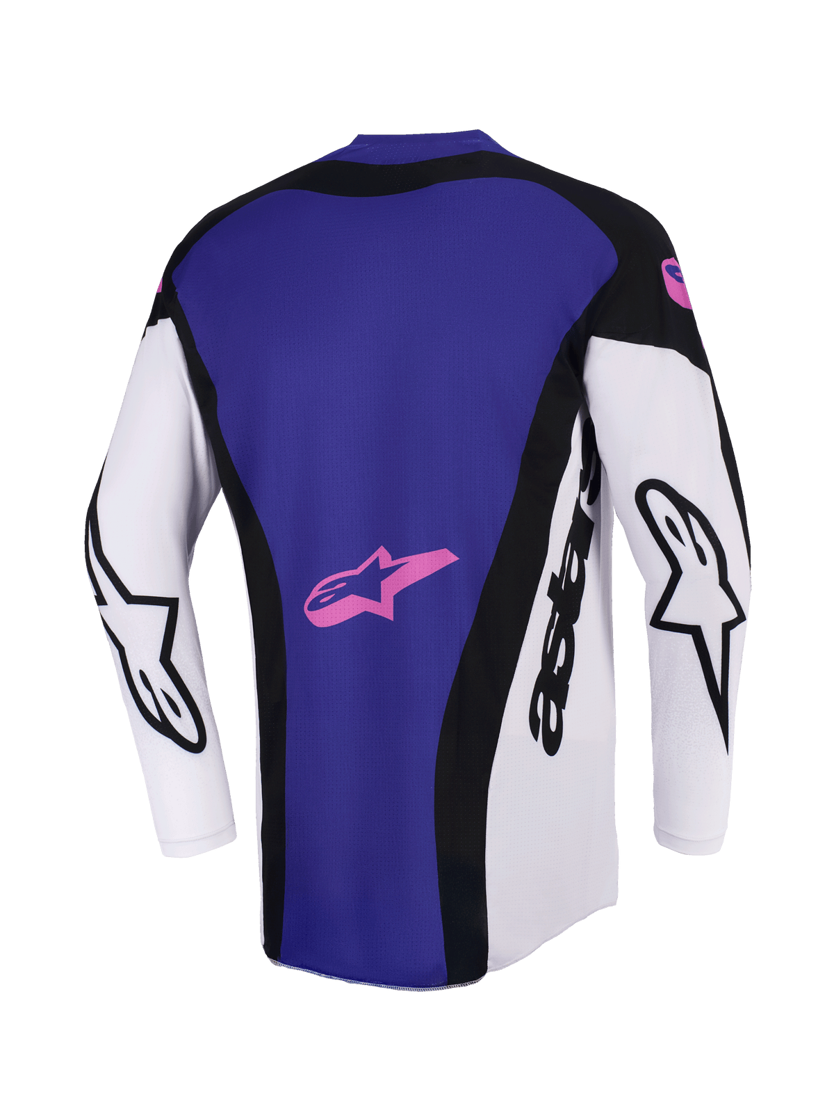 Alpinestars Techstar Knif Jersey 2026, koszulka motocrossowa, czarna, jasnoszara i fioletowa, widok z tyłu przedstawiający duży fioletowy panel z różowym logo gwiazdy, białe rękawy z czarnym brandingiem Alpinestars, sportowy krój wyścigowy