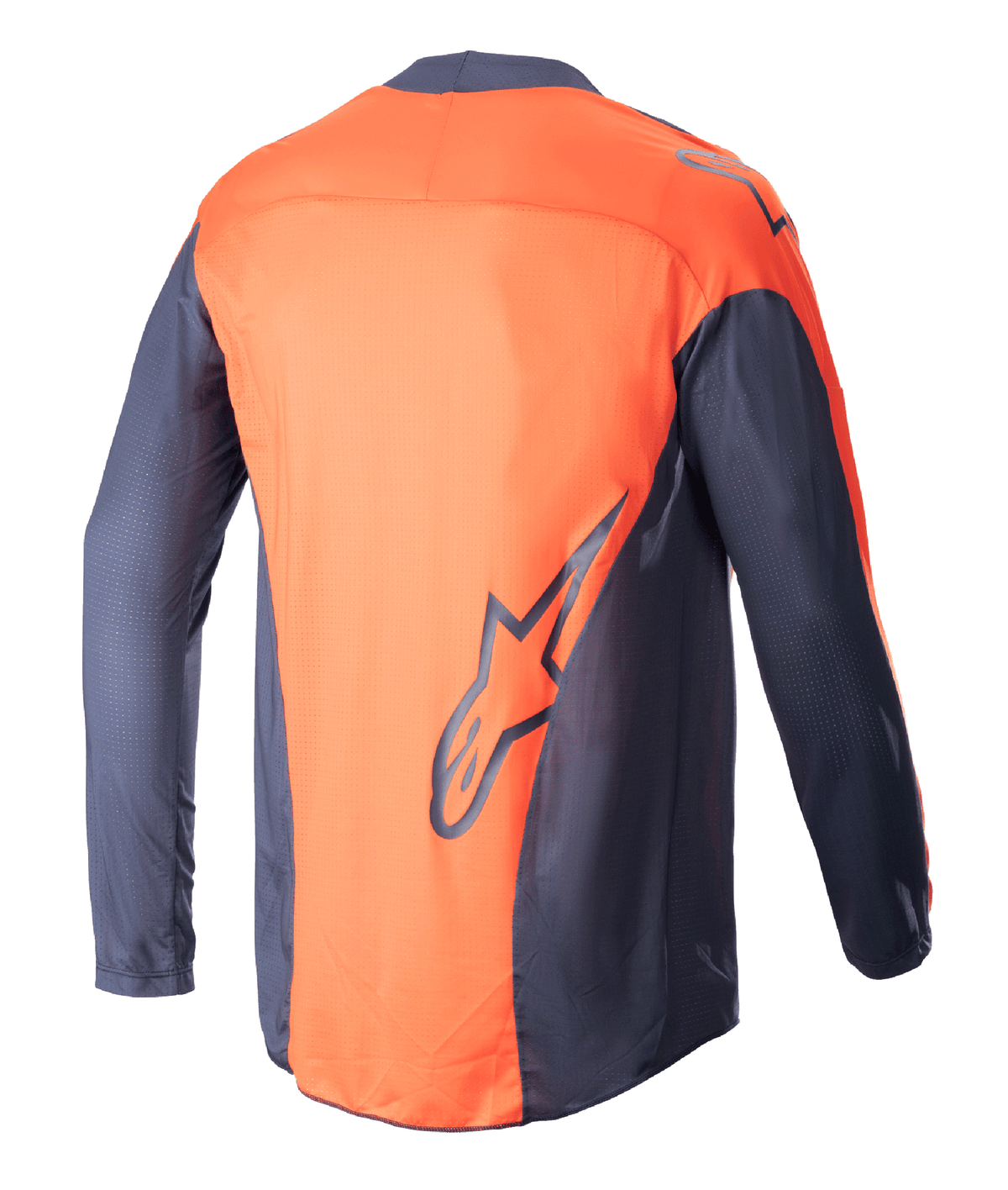 Alpinestars 2023 Techstar Arch Jersey, koszulka motocrossowa, granatowa i jaskrawopomarańczowa, widok z tyłu, lekka siateczkowa konstrukcja, duże granatowe logo Alpinestars w dolnej części pleców, przedłużony tył zapewniający osłonę podczas jazdy