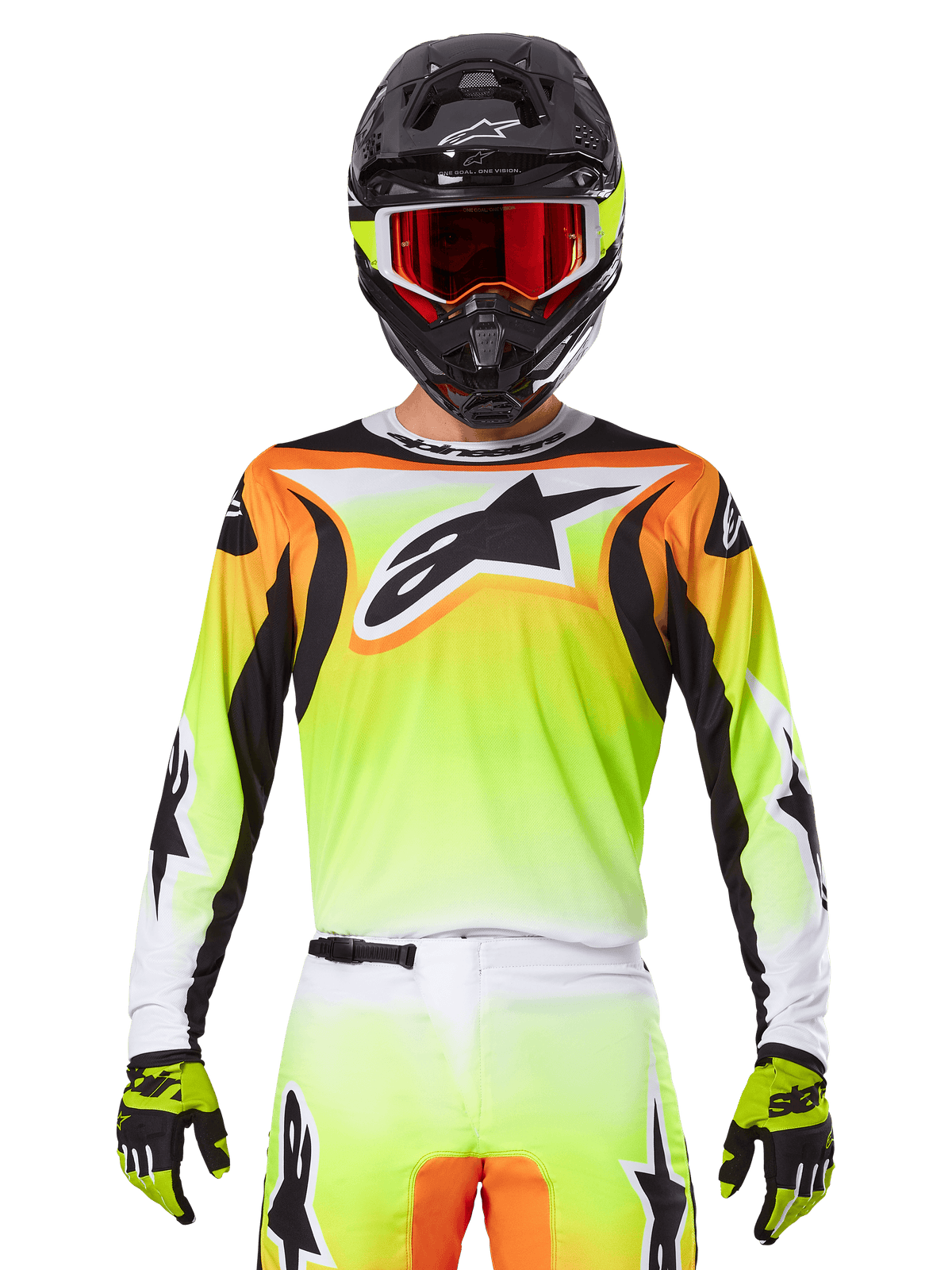 Koszulka Alpinestars Fluid Wurx 2025, koszulka motocrossowa, neonowożółta, pomarańczowa i biała, noszona z dopasowanymi spodniami i czarnym kaskiem z czerwonymi goglami, kompletny zestaw odzieży MX na motocykliście