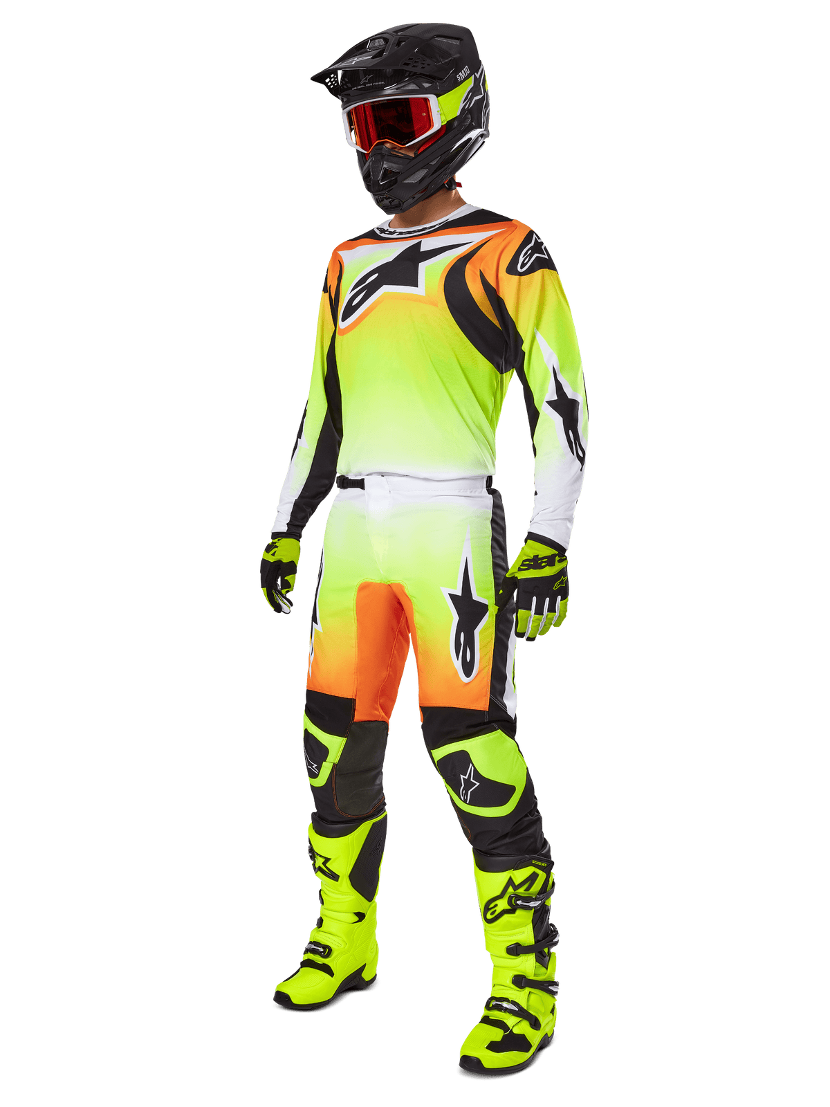Zestaw Alpinestars 2025 Fluid Wurx, kompletny strój motocrossowy, gradient neonowy żółty i pomarańczowy, zestaw z koszulką i spodniami, czarny kask z pomarańczowymi goglami, neonowe żółte buty i rękawice, sportowy design do jazdy terenowej