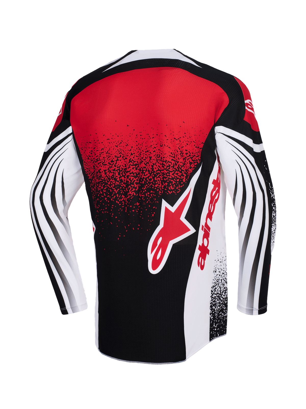 Alpinestars 2026 Techstar Nomur Jersey, koszulka motocrossowa, czarno-biało-czerwona, widok z tyłu z dużym czerwonym logo Alpinestars, efekt nakrapianego gradientu, dynamiczne zakrzywione wzory na długich rękawach, wyczynowa odzież wyścigowa
