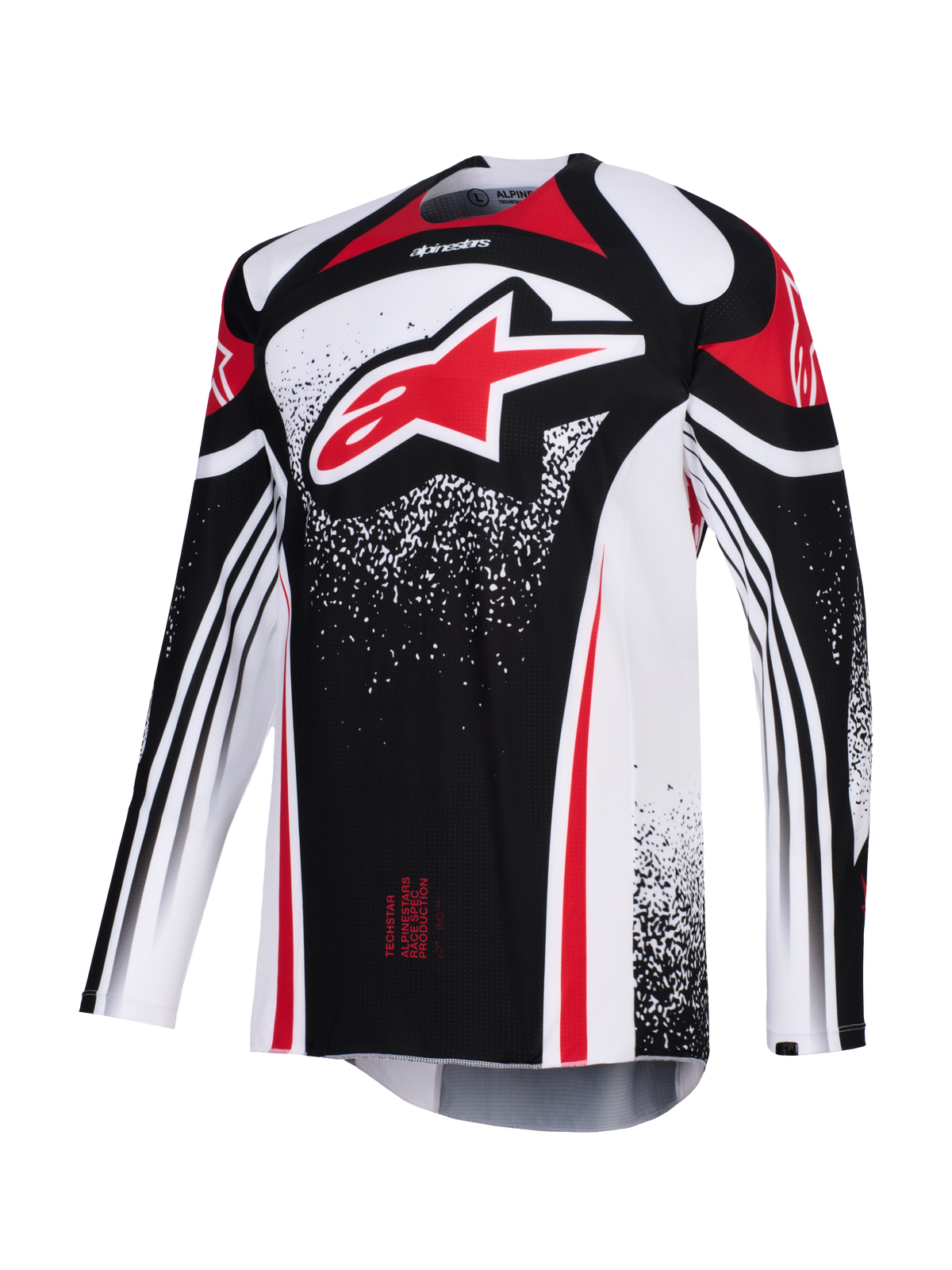 Alpinestars Techstar Nomur Jersey 2026, koszulka motocrossowa, czarno-biało-czerwona, z dużym czerwonym logo Astars na klatce piersiowej, kropkowane wzory graficzne, długie rękawy, sportowy krój wyścigowy do wyczynowej jazdy terenowej.
