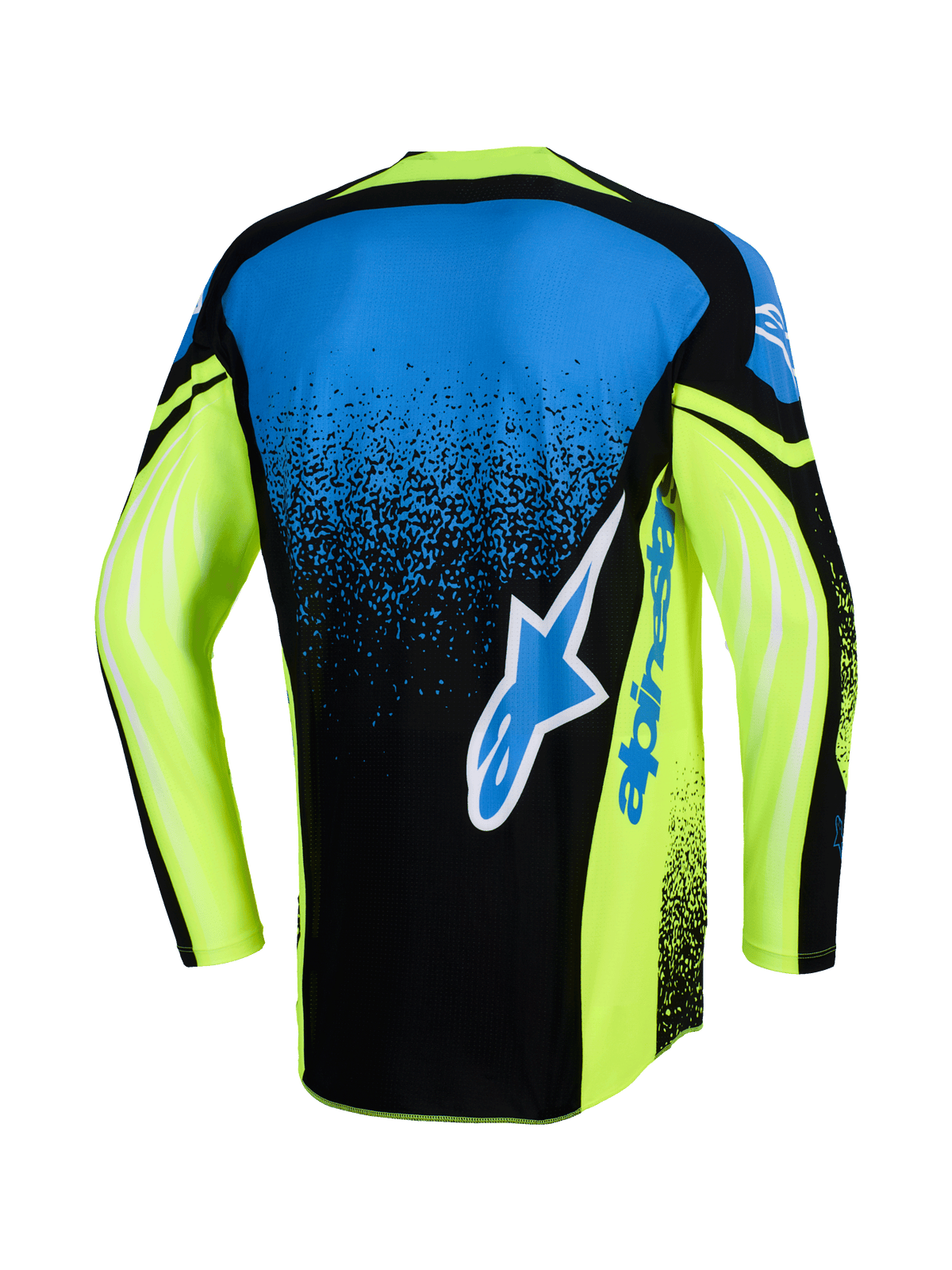 Alpinestars Techstar Nomur Jersey 2026, widok z tyłu, koszulka motocrossowa, granatowa, neonowożółta i niebieska, z dużym logo Alpinestars na plecach, neonowożółte rękawy z graficznymi akcentami, sportowy krój wyścigowy