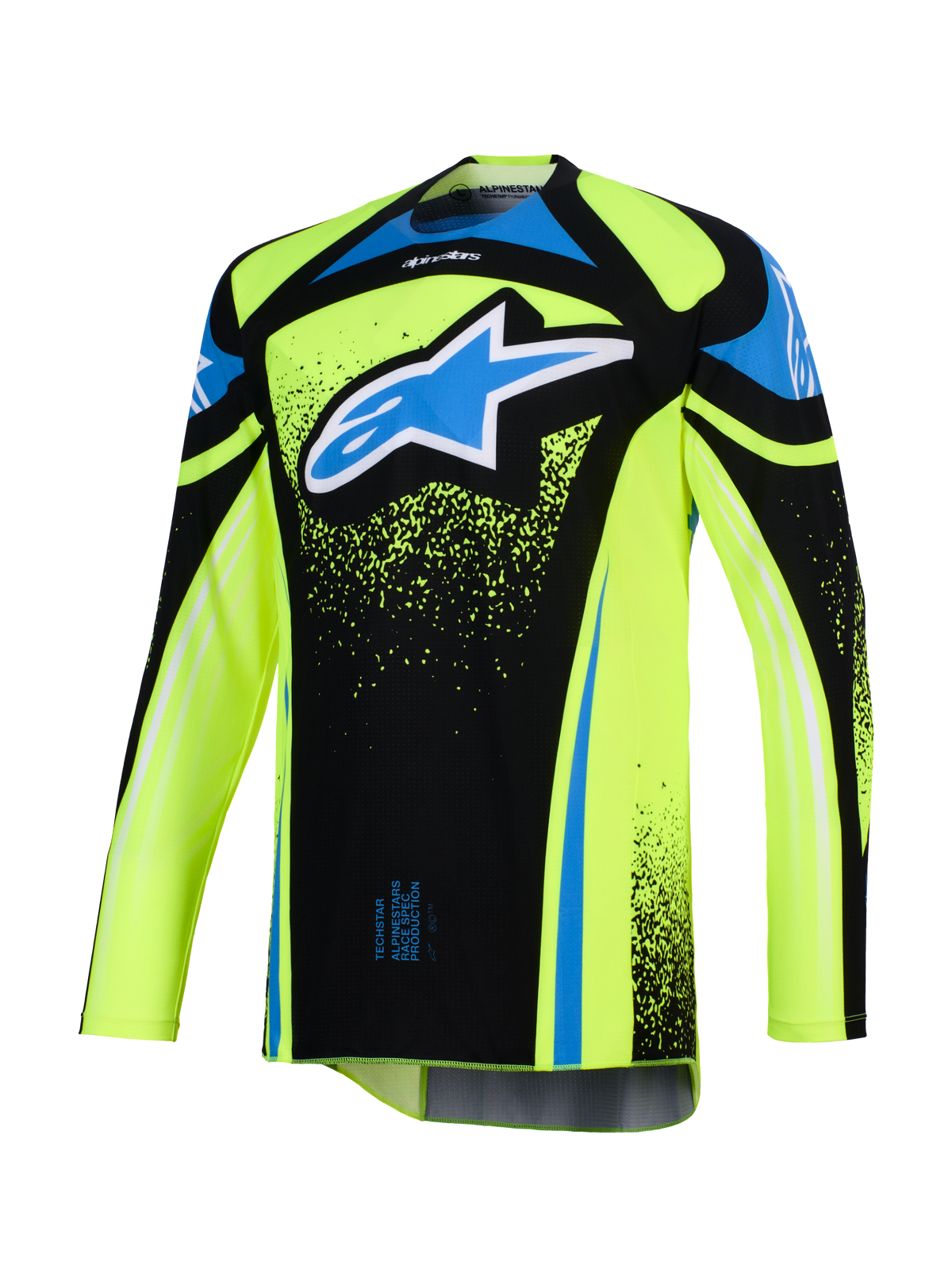 Alpinestars Techstar Nomur Jersey 2026, koszulka motocrossowa, żółta neonowa i czarna z niebieskimi akcentami, duże niebiesko-białe logo Astar na klatce piersiowej, detale graficzne typu splatter, długi rękaw, sportowa odzież do wyścigów terenowych