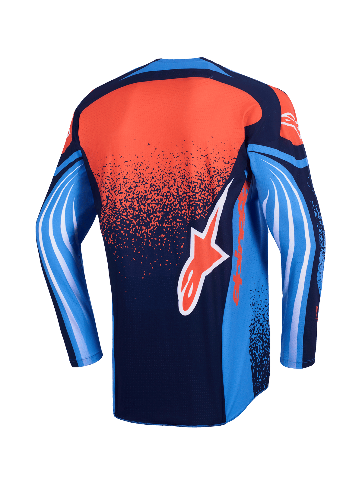 Koszulka Alpinestars Techstar Nomur 2026, koszulka motocrossowa, widok z tyłu, granatowa, pomarańczowa i błękitna, nakrapiany pomarańczowy gradient na plecach, niebieskie rękawy z białą grafiką fal, pomarańczowe logo Alpinestars na dole pleców