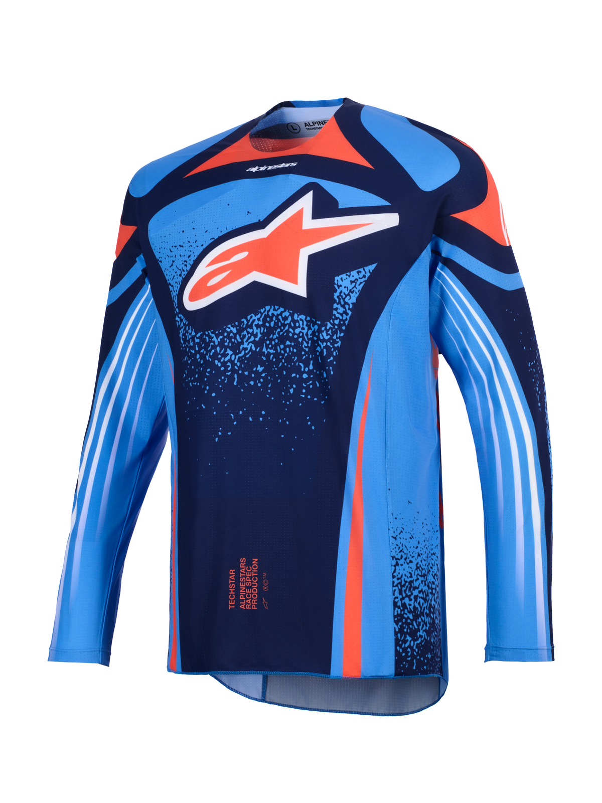 Alpinestars 2026 Techstar Nomur Jersey, koszulka motocrossowa, ciemnogranatowa i błękitna z pomarańczowymi akcentami, z dużym białym logo Astars na piersi i białymi ukośnymi pasami na długich rękawach, lekki sportowy krój wyścigowy
