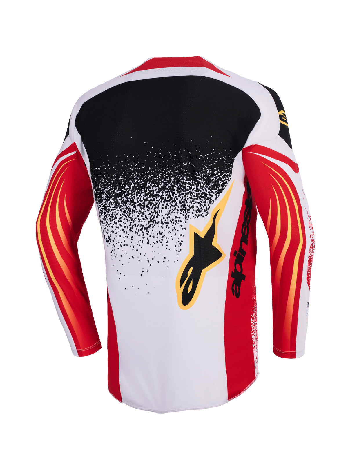 Alpinestars Techstar Nomur Jersey 2026, koszulka motocrossowa, jasnoszara, czerwona i czarna, widok z tyłu z czarno-jasnoszarym gradientowym wzorem typu splatter, czerwone rękawy z żółtymi zakrzywionymi akcentami, czarne logo Alpinestars na plecach