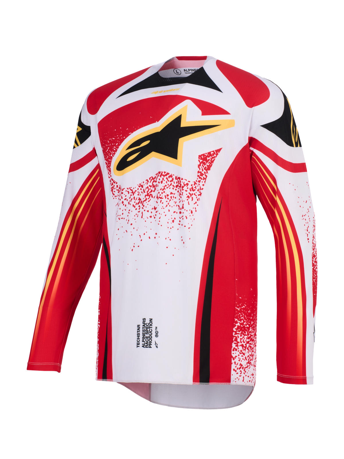 Alpinestars 2026 Techstar Nomur Jersey, koszulka motocrossowa, biała, czerwona i czarna, z dużym czarnym logo Astar z żółtą obwódką na klatce piersiowej, sportowy krój wyścigowy z długimi rękawami i wyczynowymi grafikami do jazdy off-road