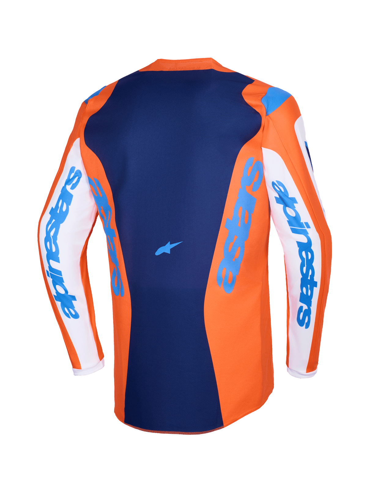 Alpinestars 2026 Fluid Grid Jersey, koszulka motocrossowa, pomarańczowo-niebieska, białe rękawy z niebieskim brandingiem Alpinestars, ciemnoniebieski panel tylny z małym logo gwiazdy, przedłużony tył do jazdy terenowej