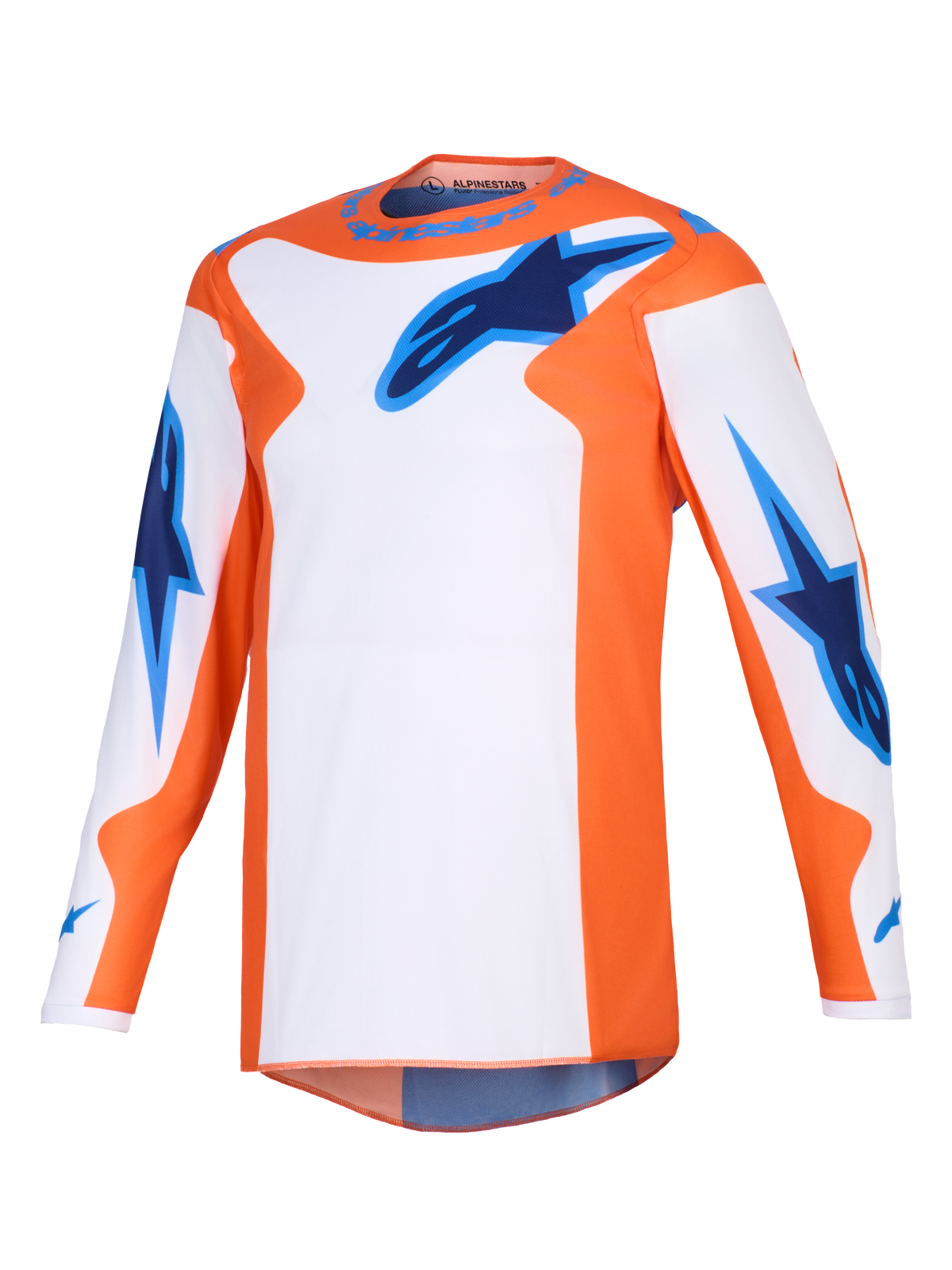 Alpinestars 2026 Fluid Grid Jersey, koszulka motocrossowa, pomarańczowa, biała i niebieska (UCLA Blue), techniczna odzież z długim rękawem z niebieskim logo gwiazdy na piersi i rękawach, sportowy krój do jazdy off-road