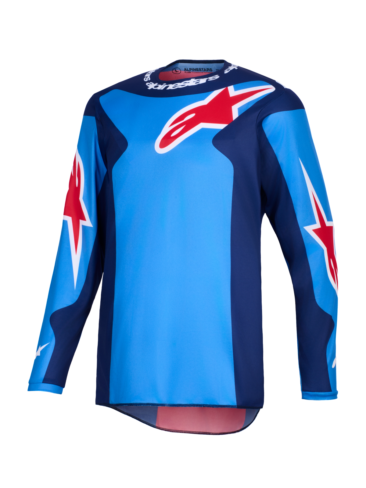Alpinestars 2026 Fluid Grid Jersey, Motocross Jersey, Blue and Red, featuring large red Alpinestars star logos, dark blue side panels, and lightweight poly-fabric construction with a dropped rear for off-road riding.