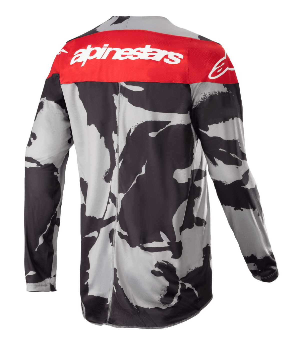Alpinestars 2023 Racer Tactical Jersey, koszulka motocrossowa, Cast Gray Camo i Mars Red, widok z tyłu z czerwonym górnym panelem, białym logo Alpinestars i szaro-czarnym wzorem kamuflażu, lekka odzież wyczynowa off-road