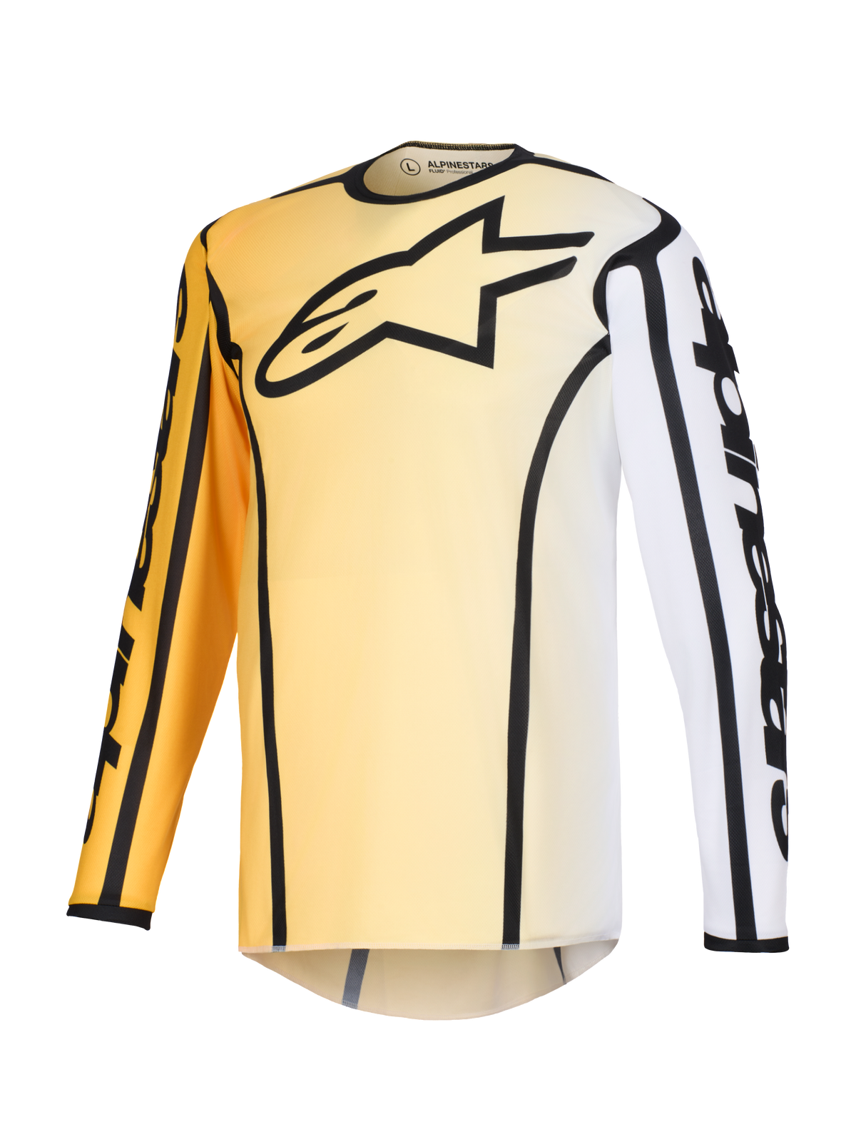 Alpinestars 2026 Fluid Apex Jersey, koszulka motocrossowa, żółto-biały gradient z czarnymi akcentami, duże czarne logo z gwiazdą na piersi, wyraźne czarne kontury wzdłuż szwów, branding Alpinestars na rękawach, techniczna koszulka z długim rękawem do jazdy terenowej