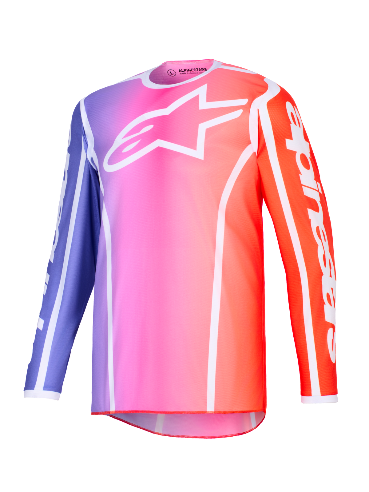 Alpinestars 2026 Fluid Apex Jersey, Motocross Jersey, Purple Pink and Orange gradient with white accents, white Astars logo on chest and sleeve branding, lightweight performance polyfabric for off-road racing.