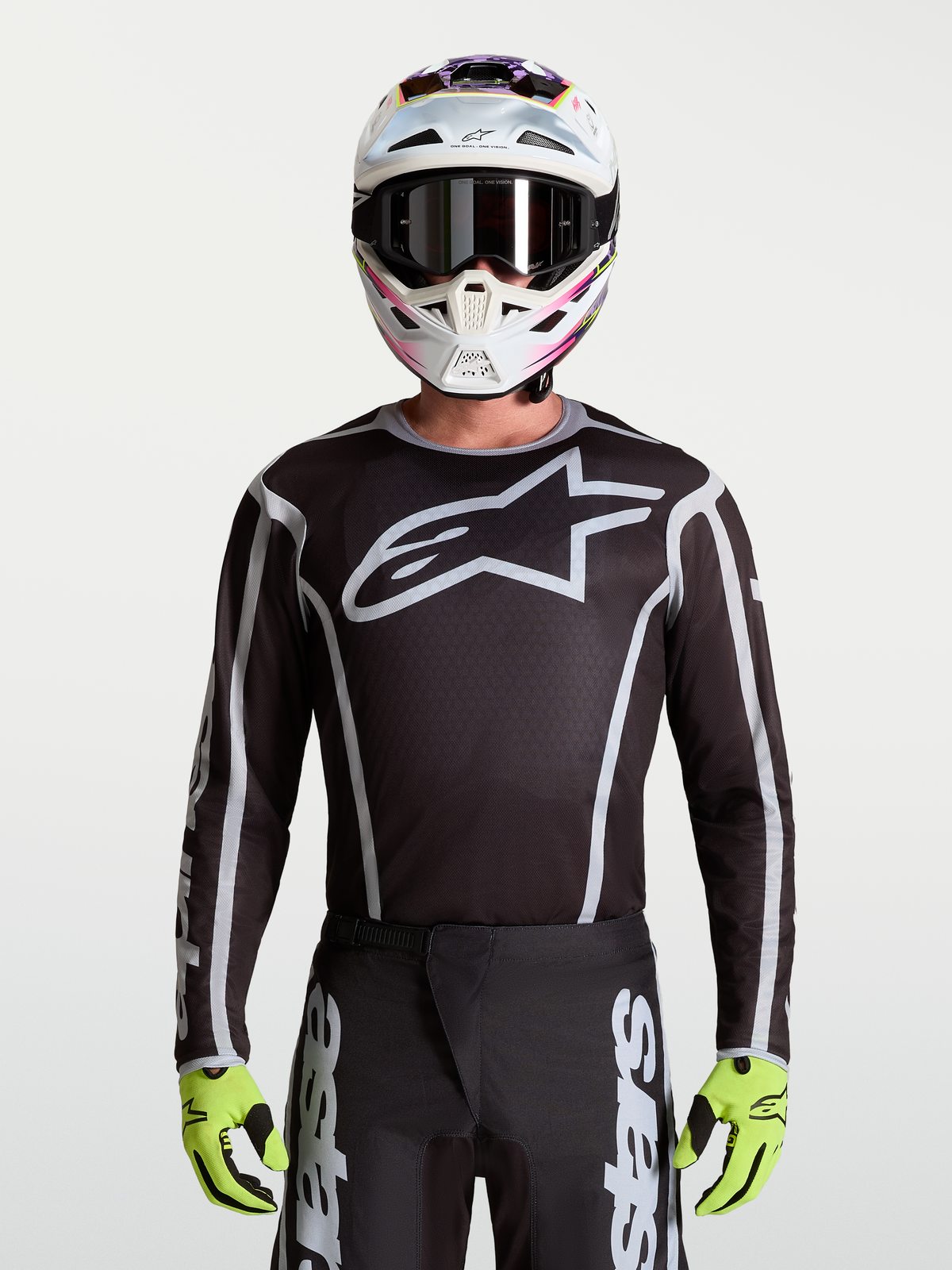 Alpinestars koszulka Fluid Apex V2, męska koszulka motocrossowa, czarna i srebrna, duże logo z gwiazdą, sportowy krój.