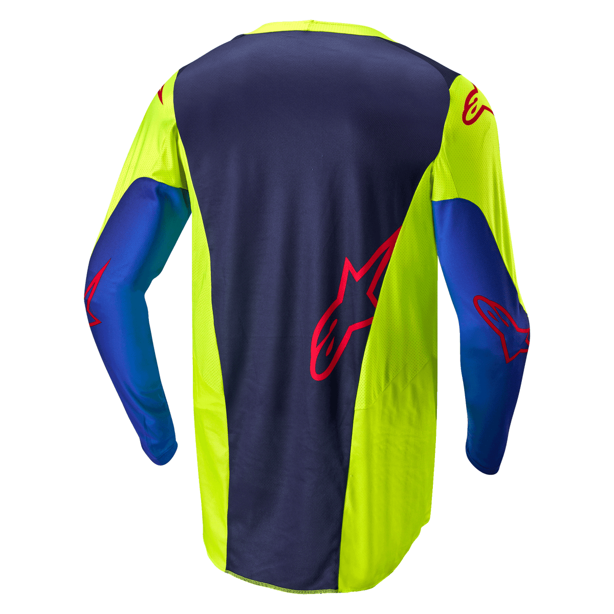 Alpinestars 2024 Racer Hoen Jersey, koszulka motocrossowa, żółty fluo i granatowy, widok z tyłu przedstawiający ciemnoniebieski panel środkowy z czerwonym logo, jaskrawożółte sekcje boczne, długie rękawy i oddychająca tkanina siatkowa zaprojektowana do jazdy w terenie.